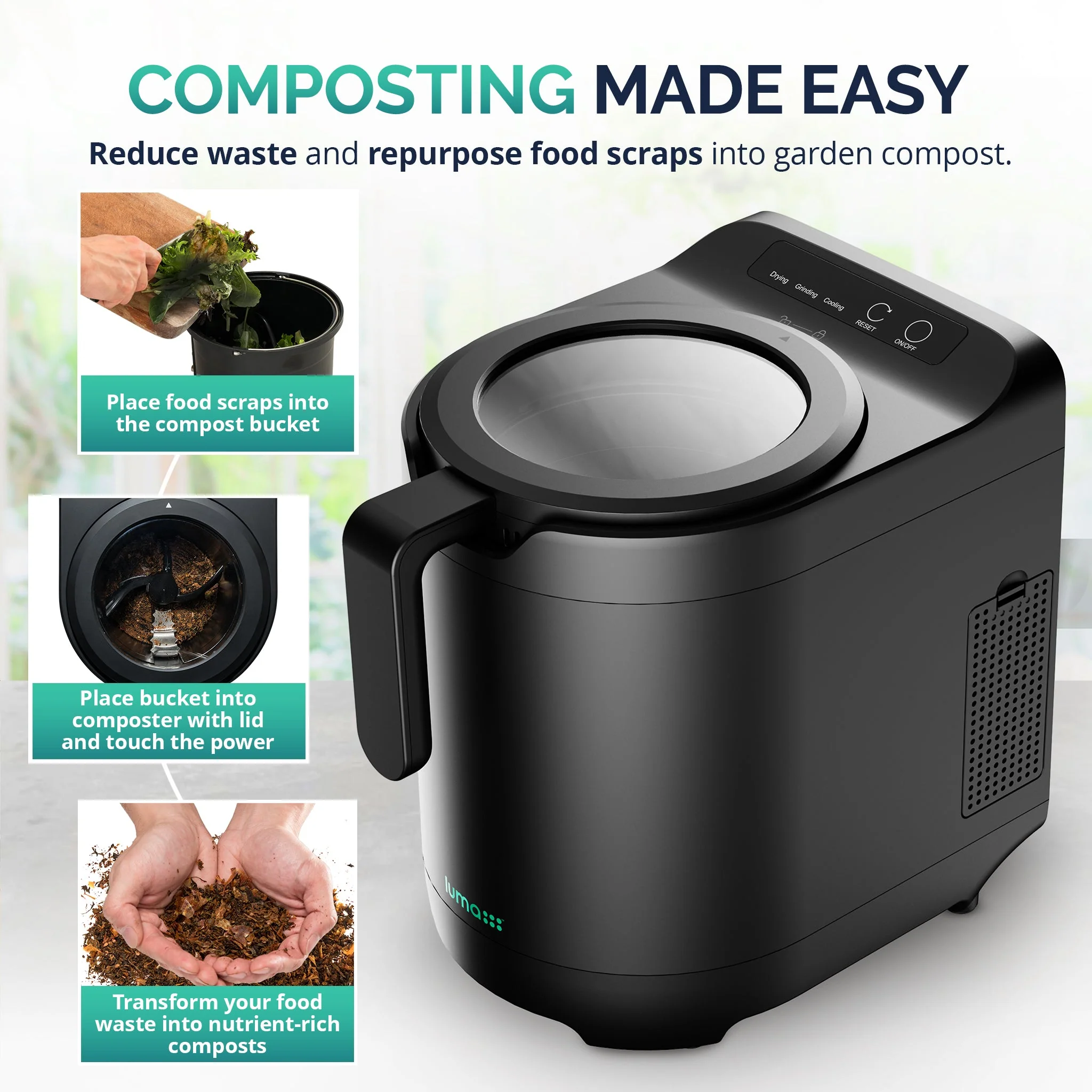Luma Kitchen Composter, 2.5L Capacity, Odorless Indoor Use