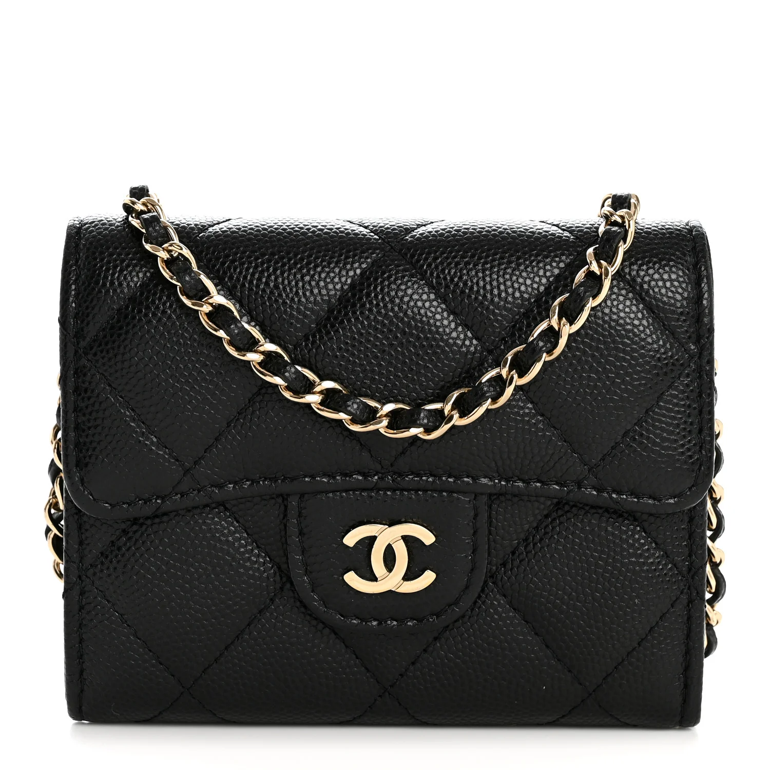 Caviar Quilted Flap Card Holder On Chain Black