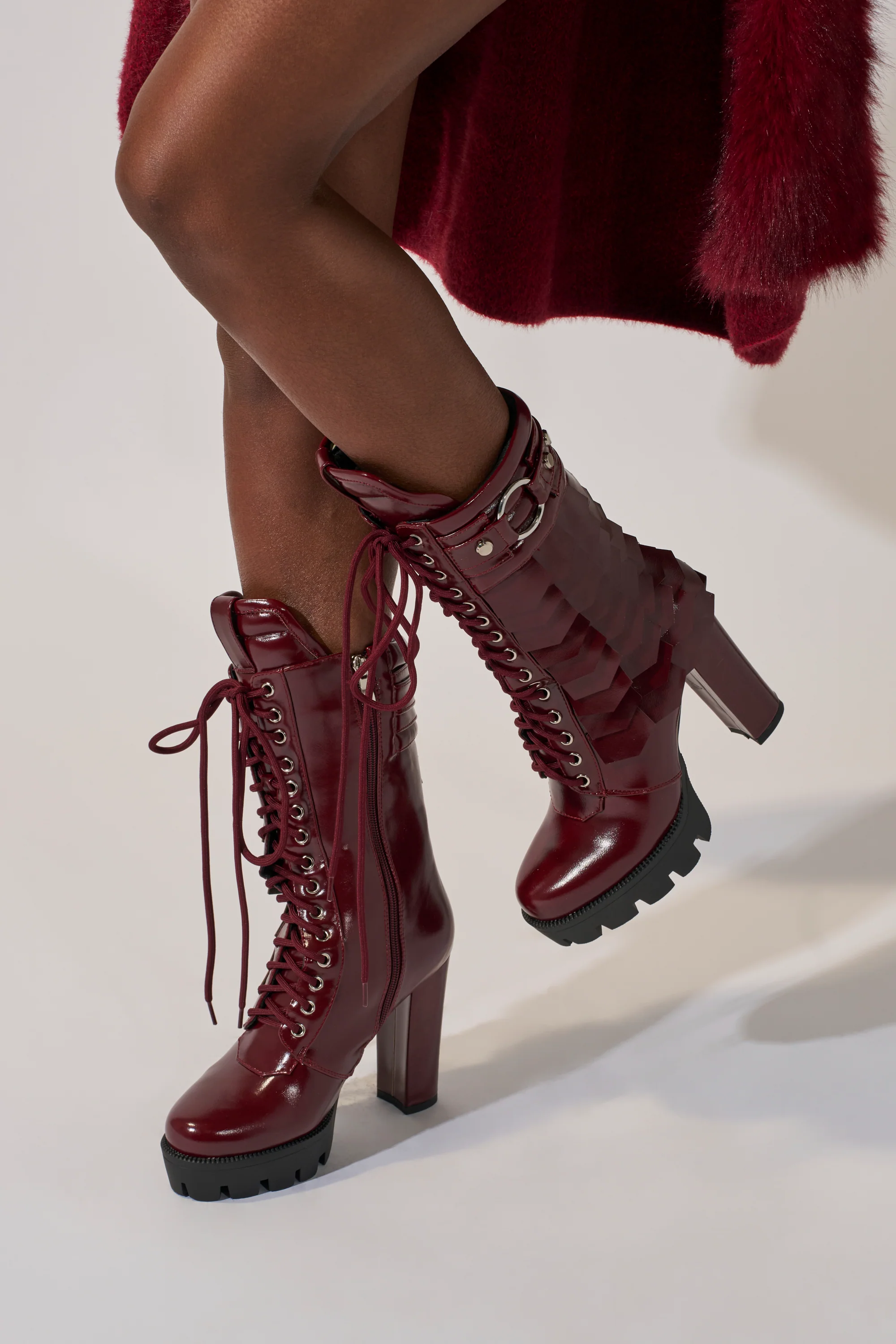 AZALEA WANG GERNOT BURGUNDY LACE UP SCALED PLATFORM BOOTIE - Akira Store