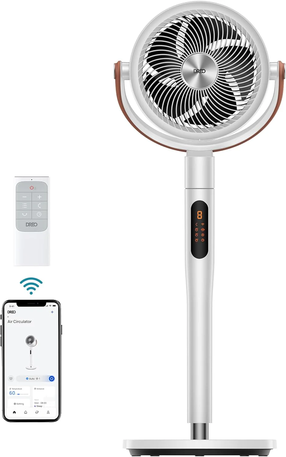 Ventilateur intelligent Dreo pour chambre, ventilateur sur pied oscillant omnidirectionnel 120° + 105° avec télécommande, portée de 30 m, silencieux, Wi-Fi/commande vocale/Alexa, 6 modes, 8 vitesses, hauteur réglable de 94 à 109 cm, minuterie 12 h, m
