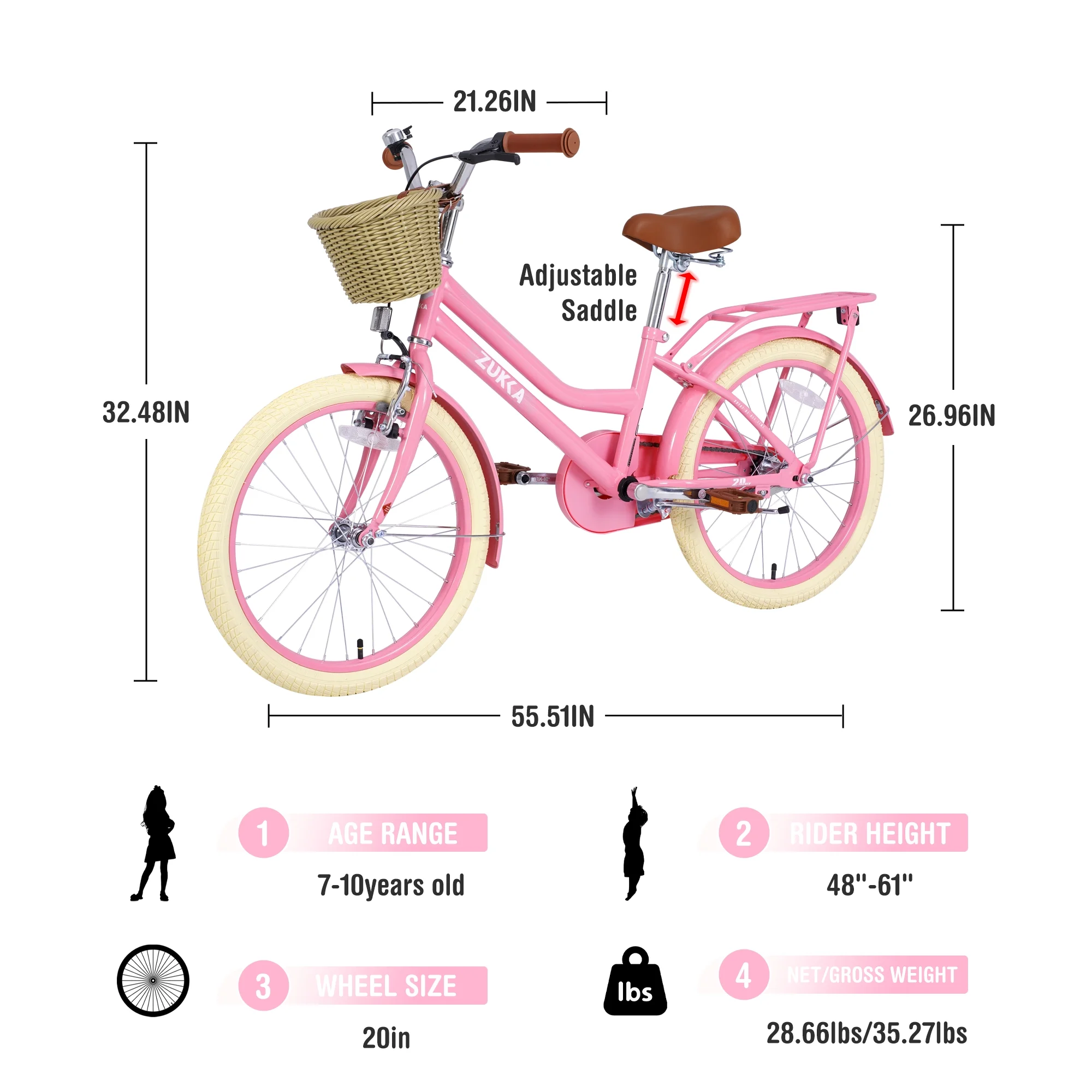 20" Kids Bike Girls Bike with Basket Single Speed Steel Frame Children Bicycle for 7 10 Years, Pink(Pink) Image 6