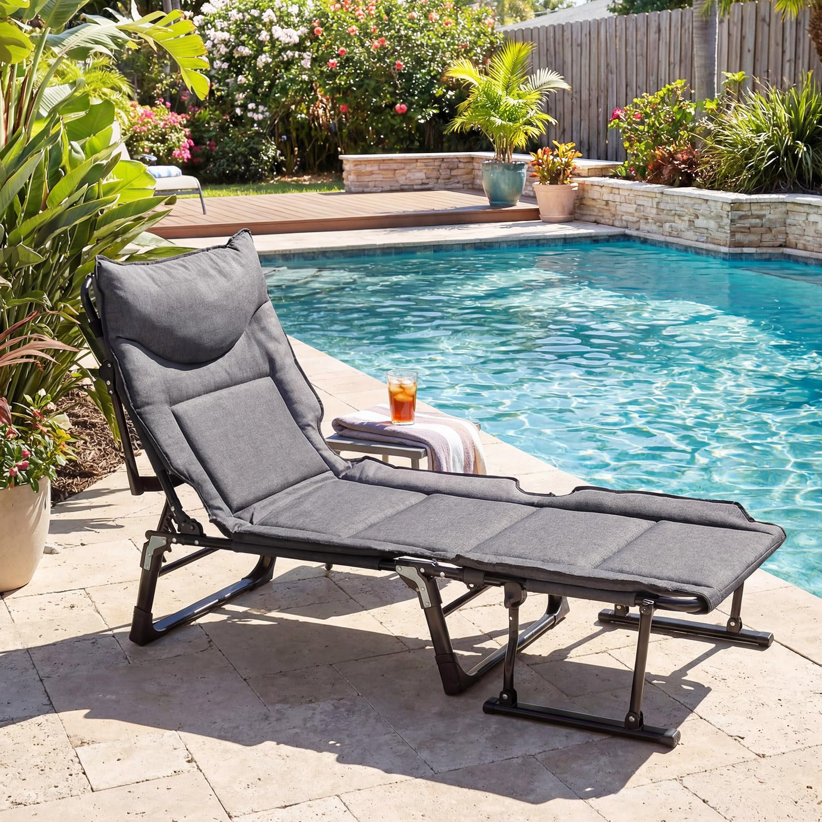 Tangkula 3 in 1 Lounge Chair Outdoor Patio Folding Chaise Lounge Chair Heavy Duty Metal Frame