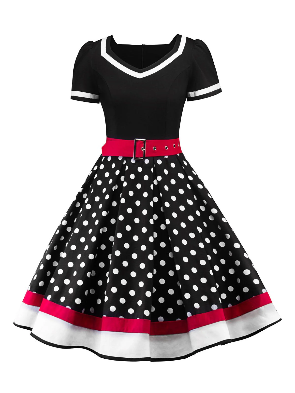 Robe vintage des années 50 à pois avec ceinture et jupe évasée Rockabilly
