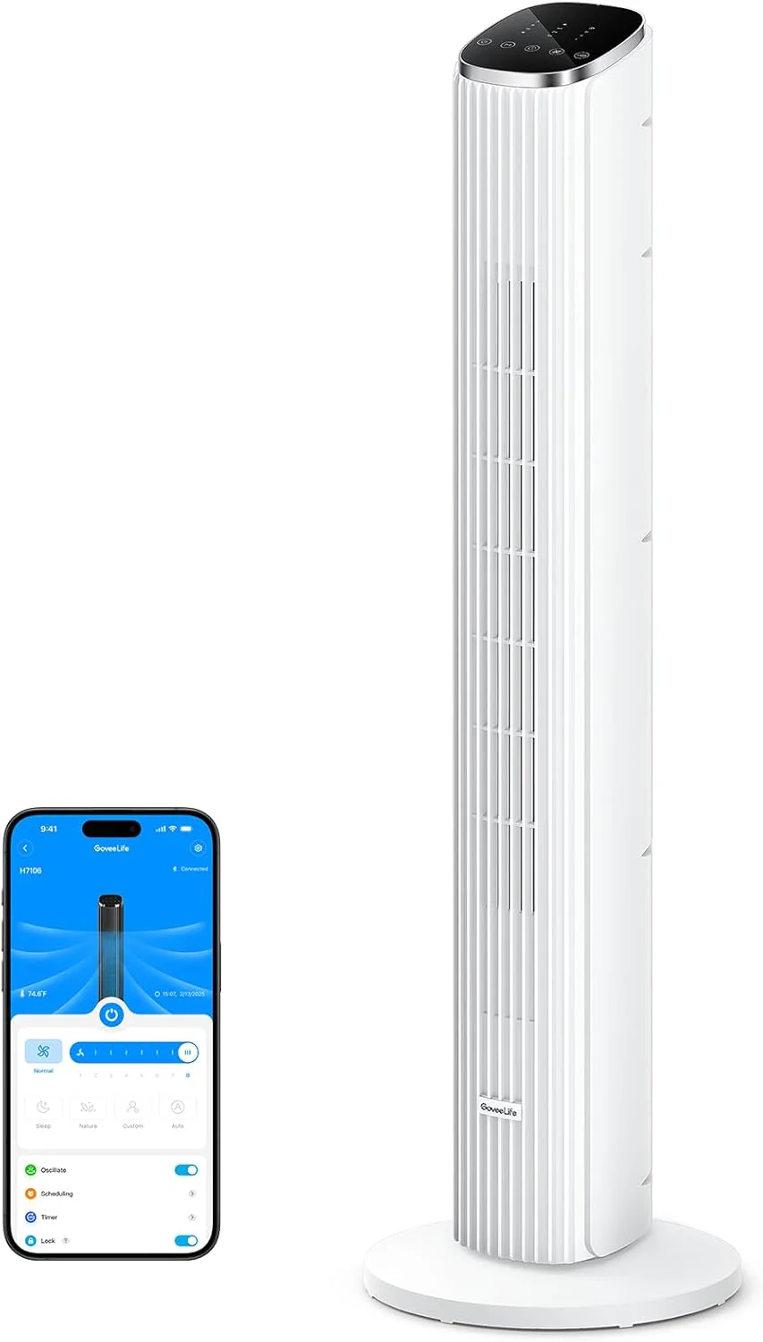 Ventilateur tour GoveeLife noir pour chambre, ventilateur sur pied intelligent de 91 cm (36 pouces) avec application et commande vocale, capteur de température, 5 modes et 8 vitesses (7,6 m/s), ventilateur oscillant silencieux (29 dB) pour bureau, mi