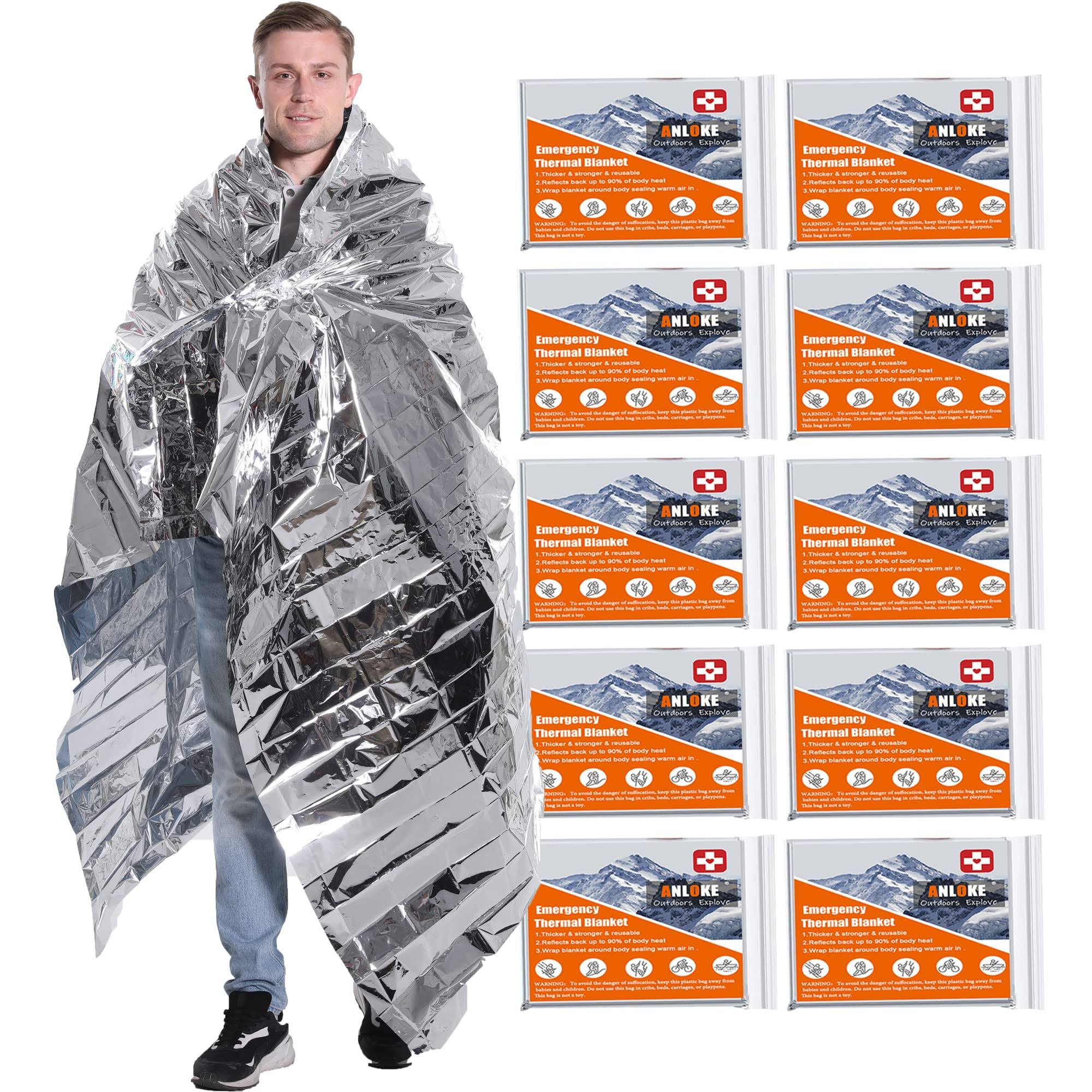 ANLOKE Emergency Blankets Mylar Thermal Blanket,(10 Pack) of Gigantic Space Blanket 82 * 64 in. Survival Blankets Heavy Duty Camping Gear,first Aid