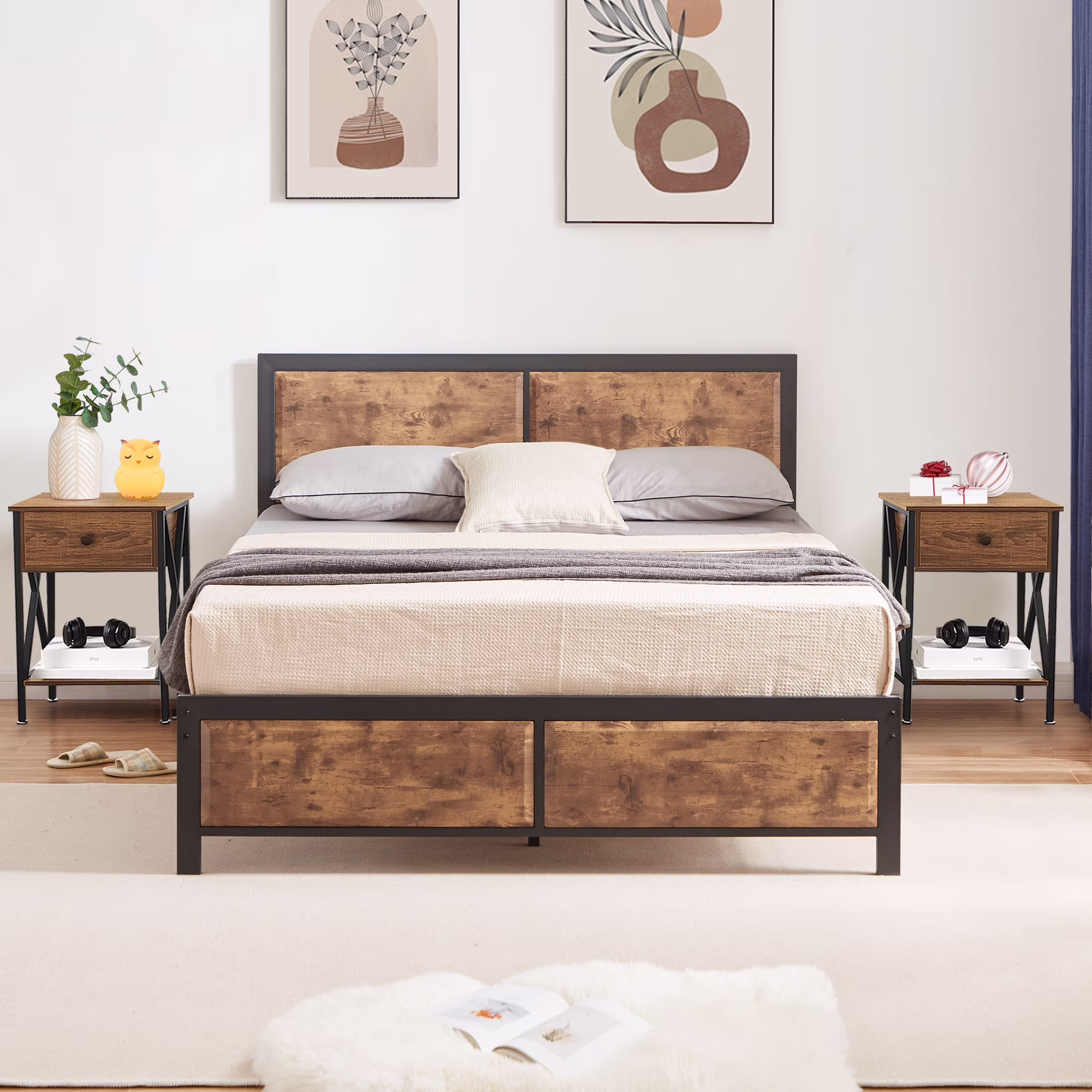 3-Piece Bedroom Set with Twin Size Bed Frame and 1-Drawer Black Nightstands(Twin/Black Nightstands) - Image 4