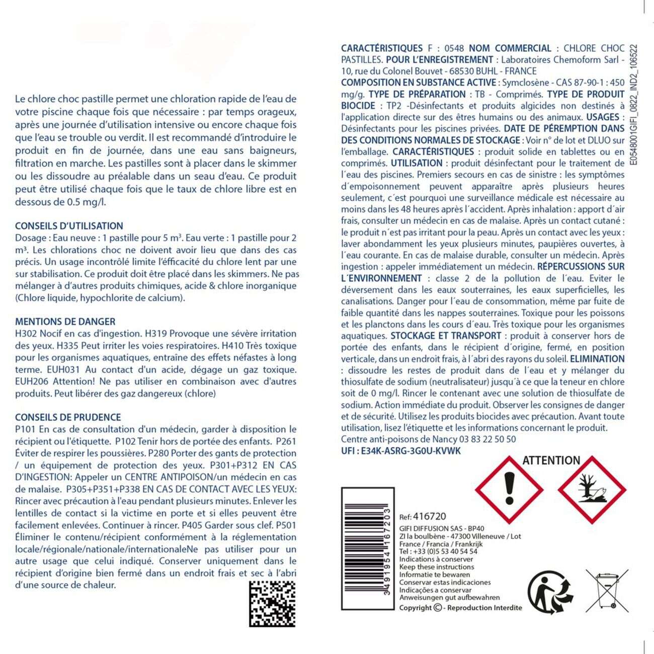 Chlore choc piscine pastilles 20g Aquaway 1kg