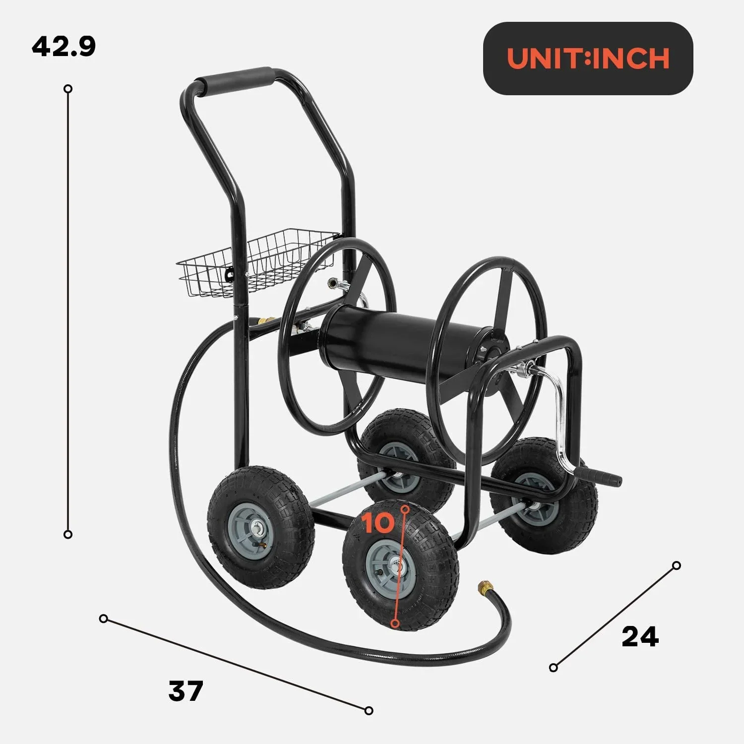 FDW Heavy-Duty Garden Hose Reel Cart w/ Basket