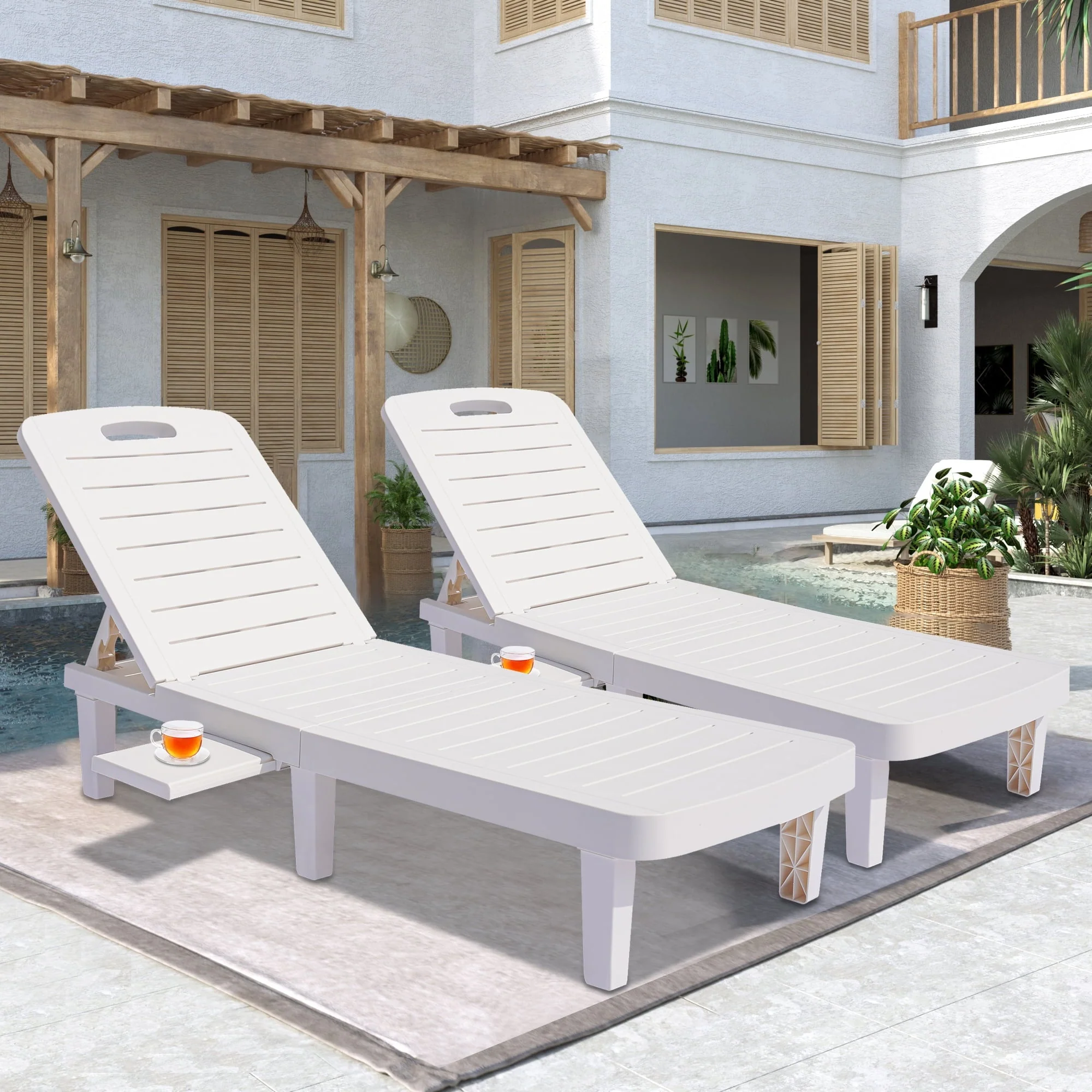 Patio Lounge Chair Set of 2, Adjustable Chaise with Side Table, Outdoor Lounger Recliner for Poolside, Patio, Backyard, Wood Texture Design | Waterproof | Easy to Assemble | Max Weight 330 lbs White(White,1PCS) - Image 2