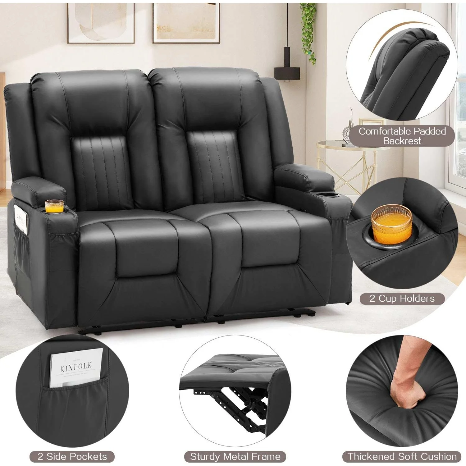 AECOJOY Loveseat Recliner with Cup Holders&Side Pockets, Black, 2