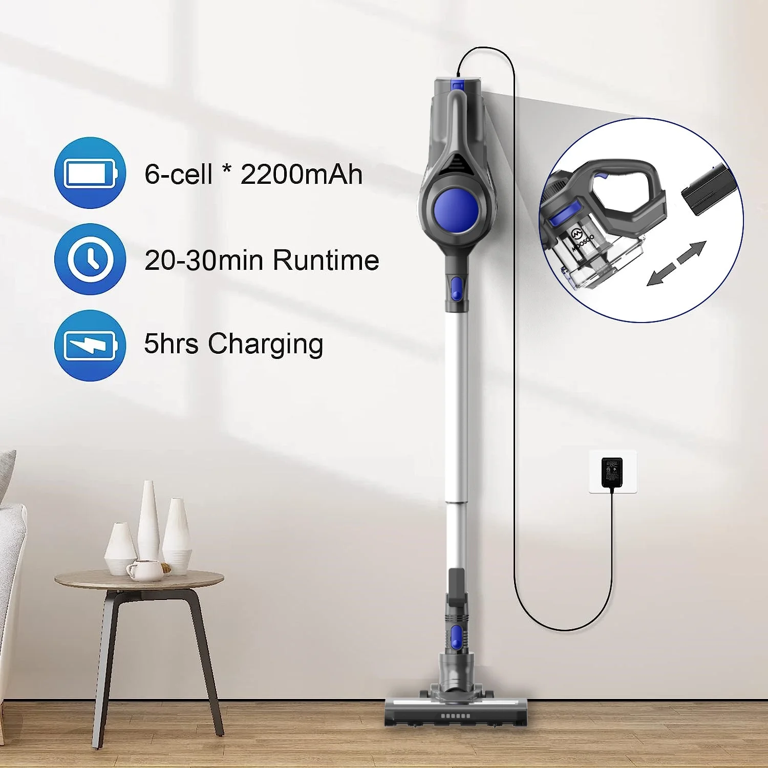 Stick Vacuum Cleaner, 4 in 1 Handheld Cordless Vacuum with Powerful Suction for Home Hard Floor Carpet Car Pet Hair, XL 618A(Blue) Image 7