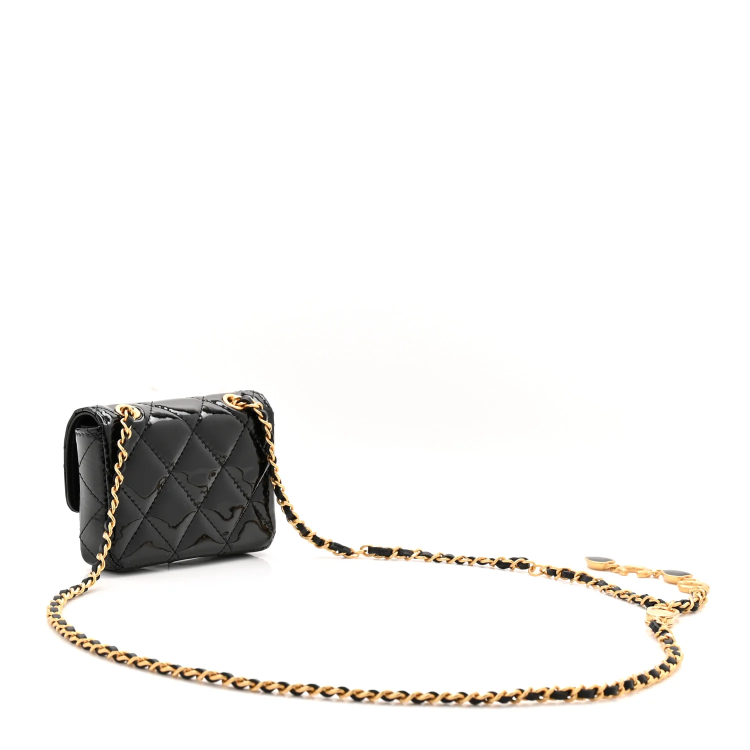 Patent Enamel Quilted Coco Hearts Clutch With Chain Black
