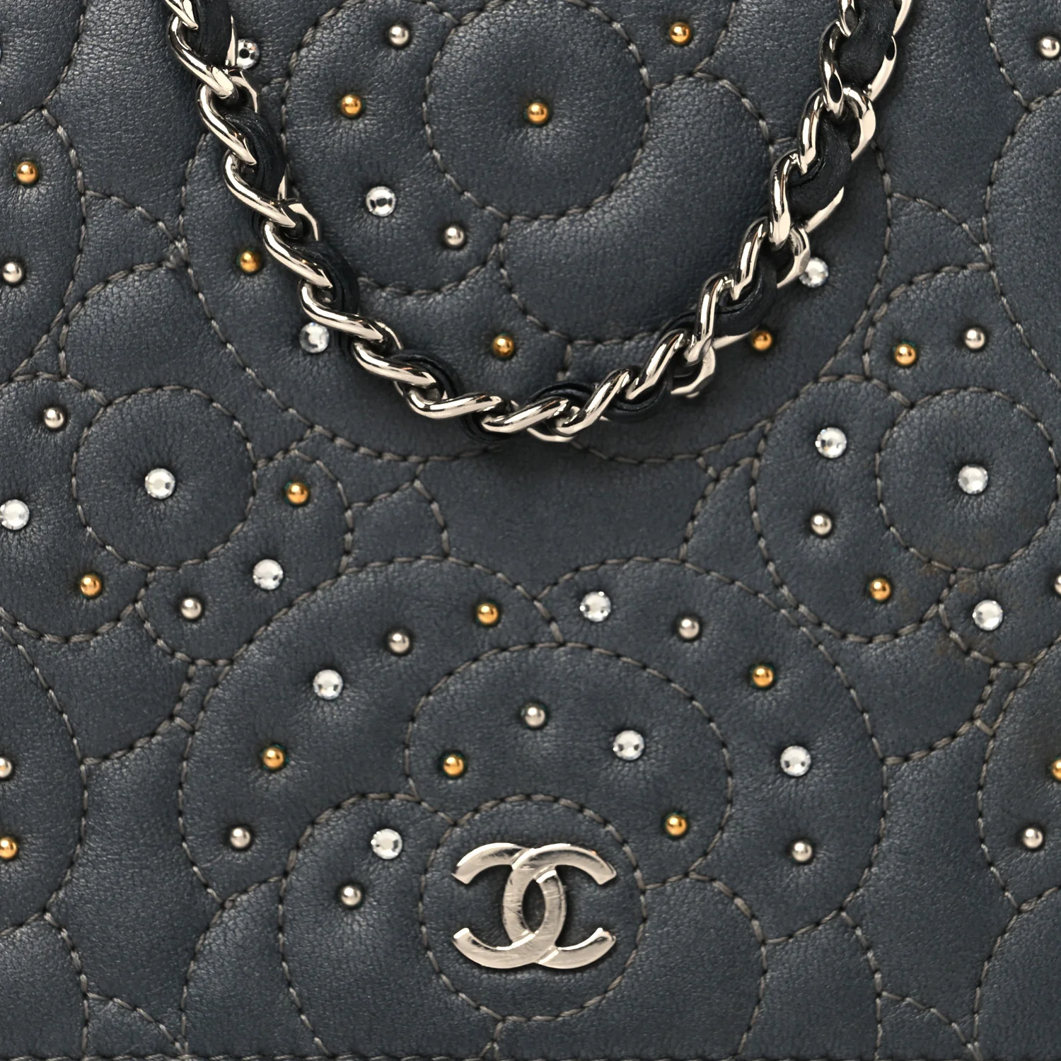 Lambskin Camellia Studded Wallet on Chain WOC Grey