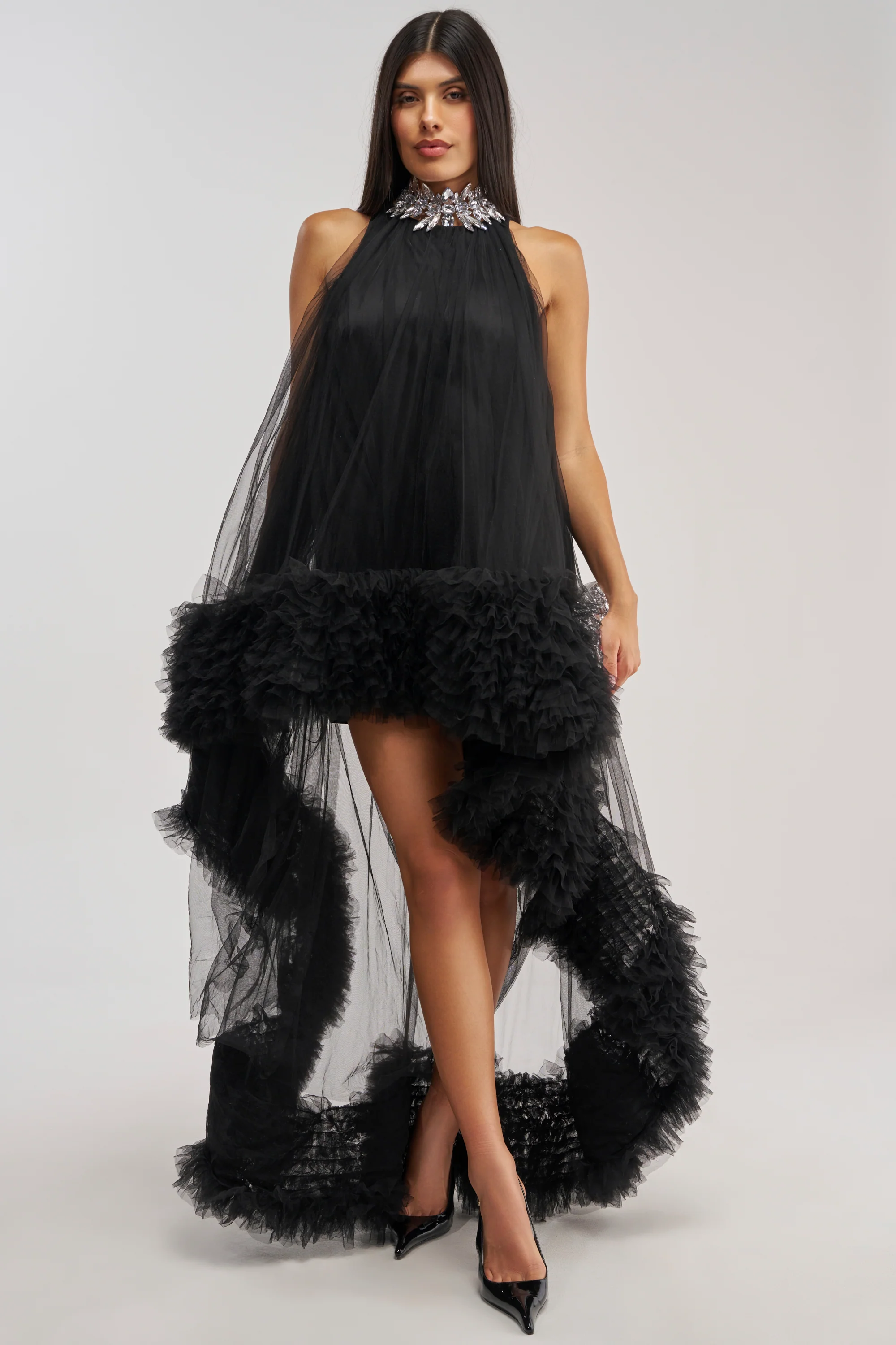 ARI TULLE RUFFLE HIGH LOW DRESS IN BLACK - Akira Store