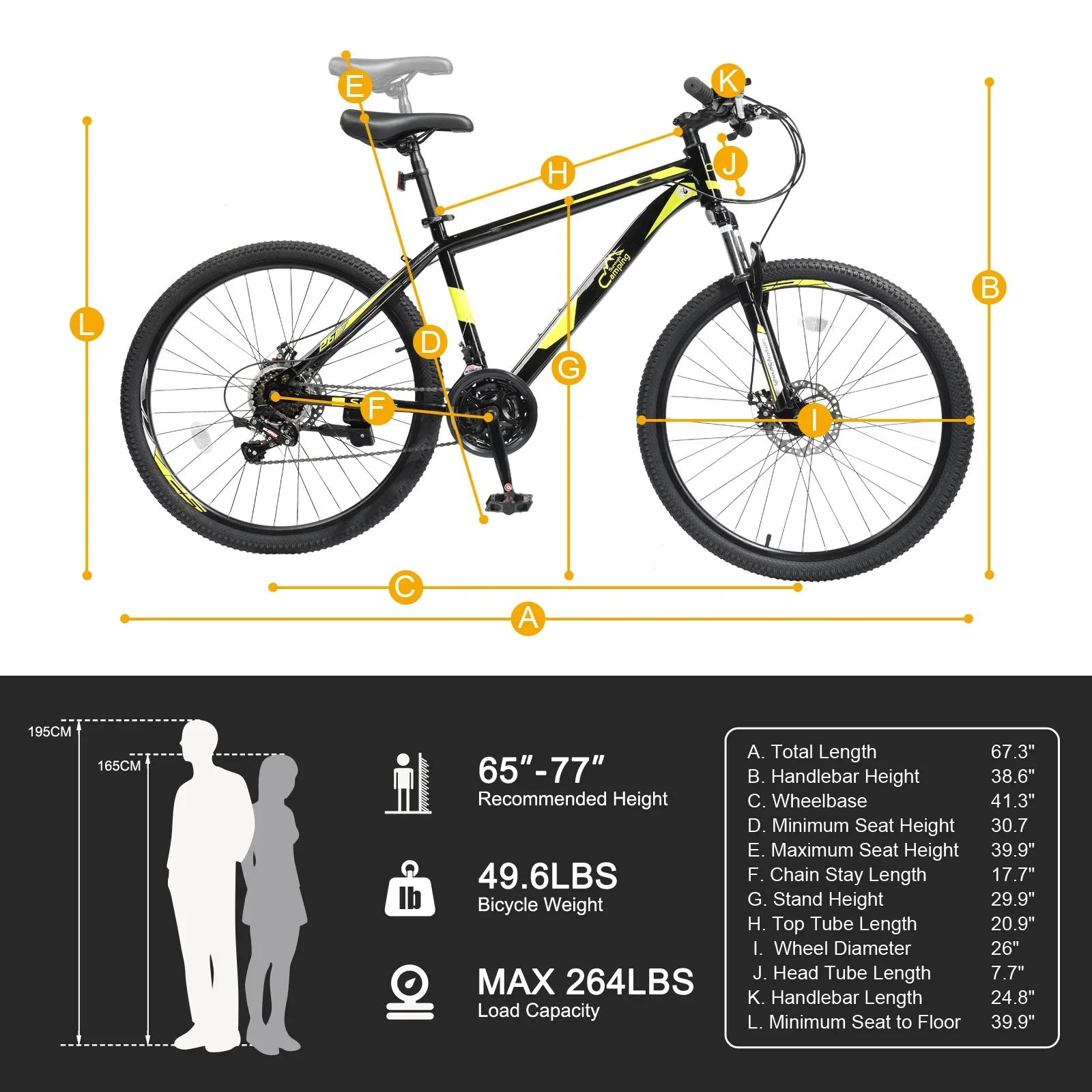 Campingsurvivals 26in 21-Speed Mountain Bike, High Carbon Steel Frame Adult Bikes,Black Yellow