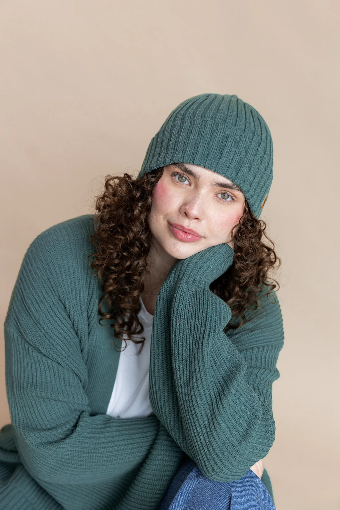 Chunky Knit Adult Ribbed Beanie in Pine