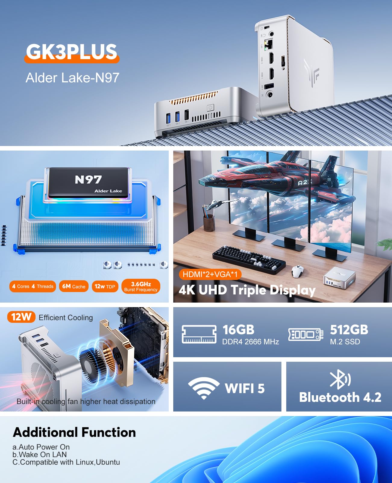 Mini PC KAMRUI GK3Plus, 16 Go de RAM, SSD M.2 de 512 Go