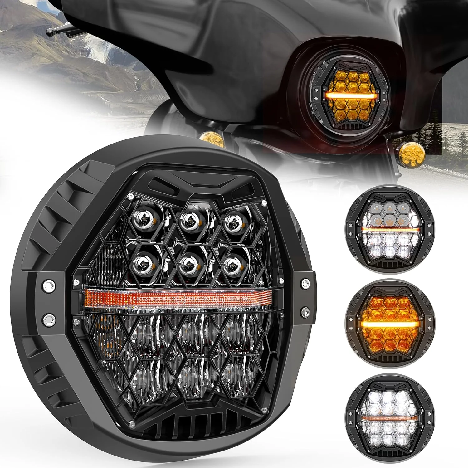 7 Inch 120W DOT Motorcycle LED Headlight Assembly with Amber DRL & Honeycomb Design (Hi/Lo Beam) for Harley-Davidson Touring/Softail Models/Kawasaki Vulcan Mean Streak