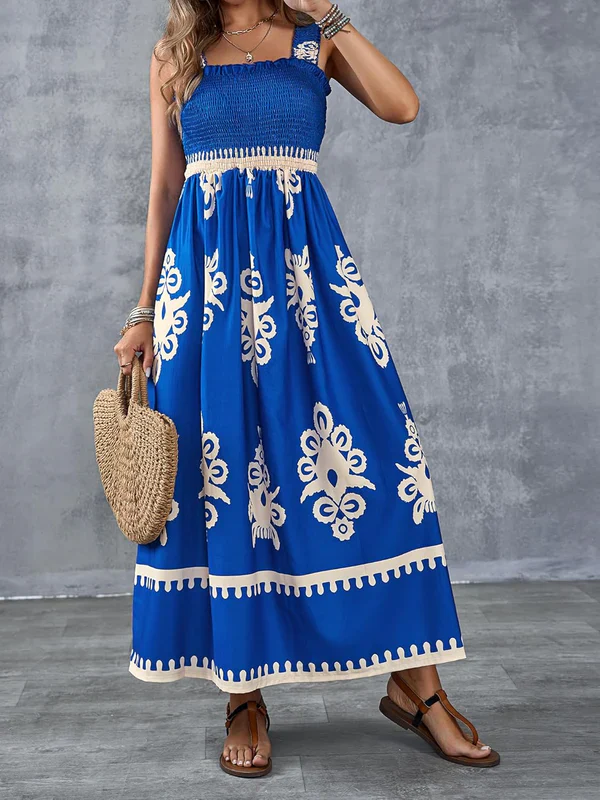 Robe Maxi Smockée à Imprimé Géométrique Artistique