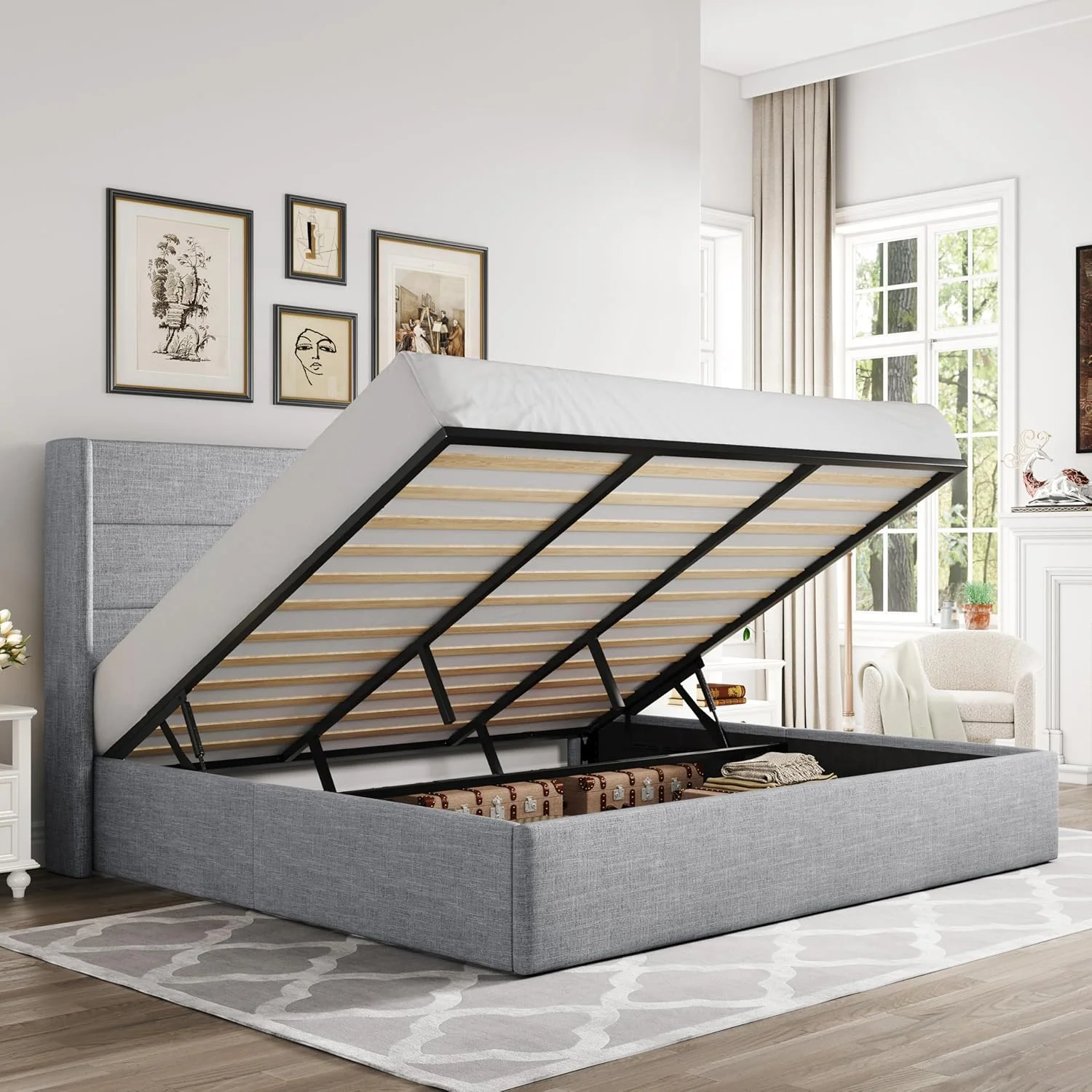 Lit coffre relevable Allewie Queen Size avec tête de lit moderne à oreilles et support hydraulique