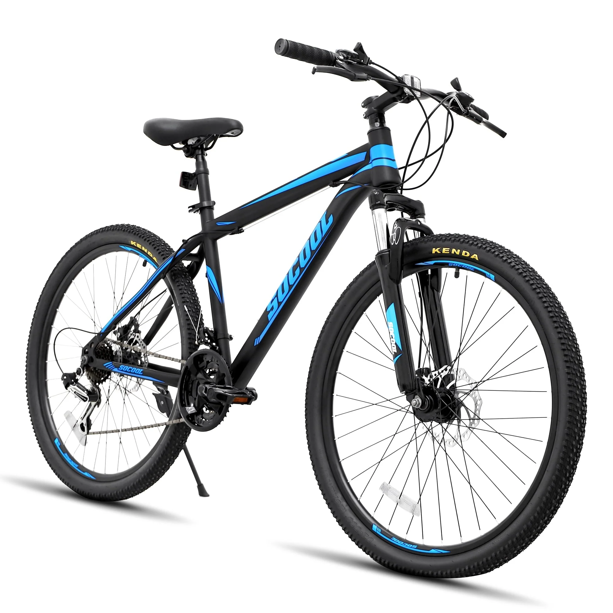 SOCOOL Adult Mountain Bike, Stainless Steel Frame, 26 in Wheels, 21 Speed Shimano, Suspension Fork and Dual Disc Brake, Hardtail Bicycle for Mens Womens - Black & Blue