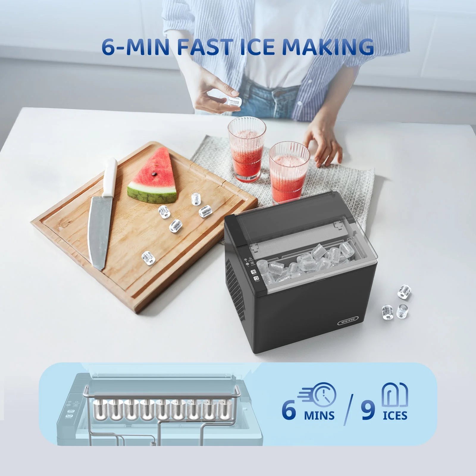 Countertop Ice Maker, 9 Bullet Ice Cubes in 6 Mins, 2 Ice Sizes, 26 lbs/24H with Removable Washable Ice Tray Scoop, with Self Cleaning Function for Home/Kitchen/Camping/Party Image 6