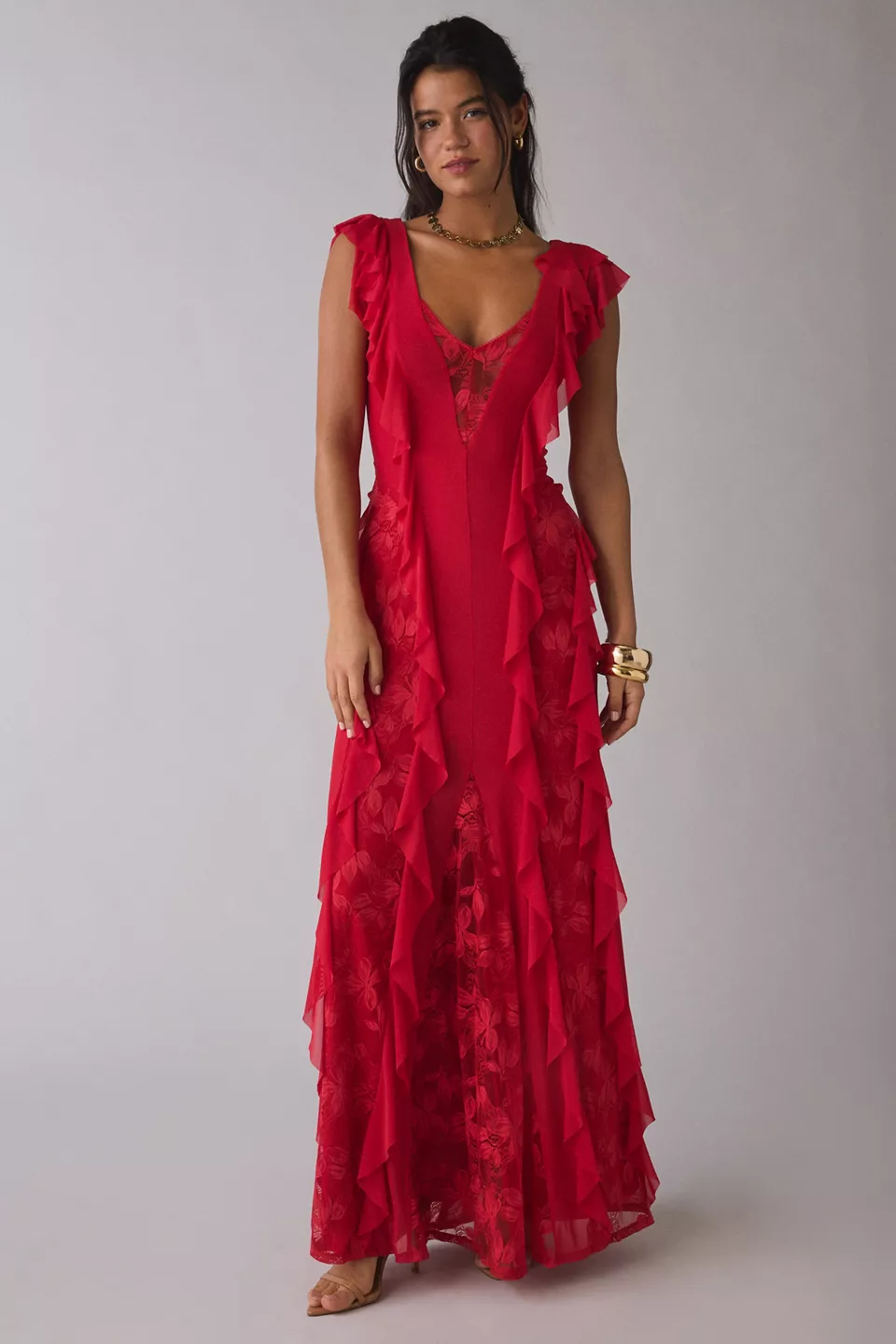 AFRM Trista Cascading Ruffle Lace Maxi Dress