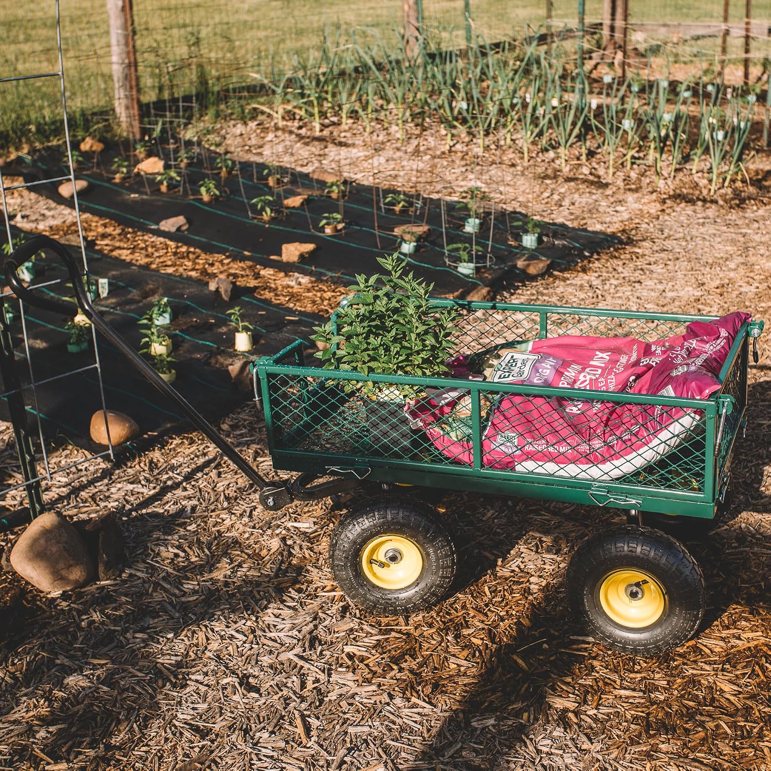 Backyard Expressions Heavy Duty Garden Cart 400 lb Utility Wagon Cart with Removable Mesh Sides, Powder-Coated Steel Bed, Pneumatic Tires, Pull Handle Yard Cart