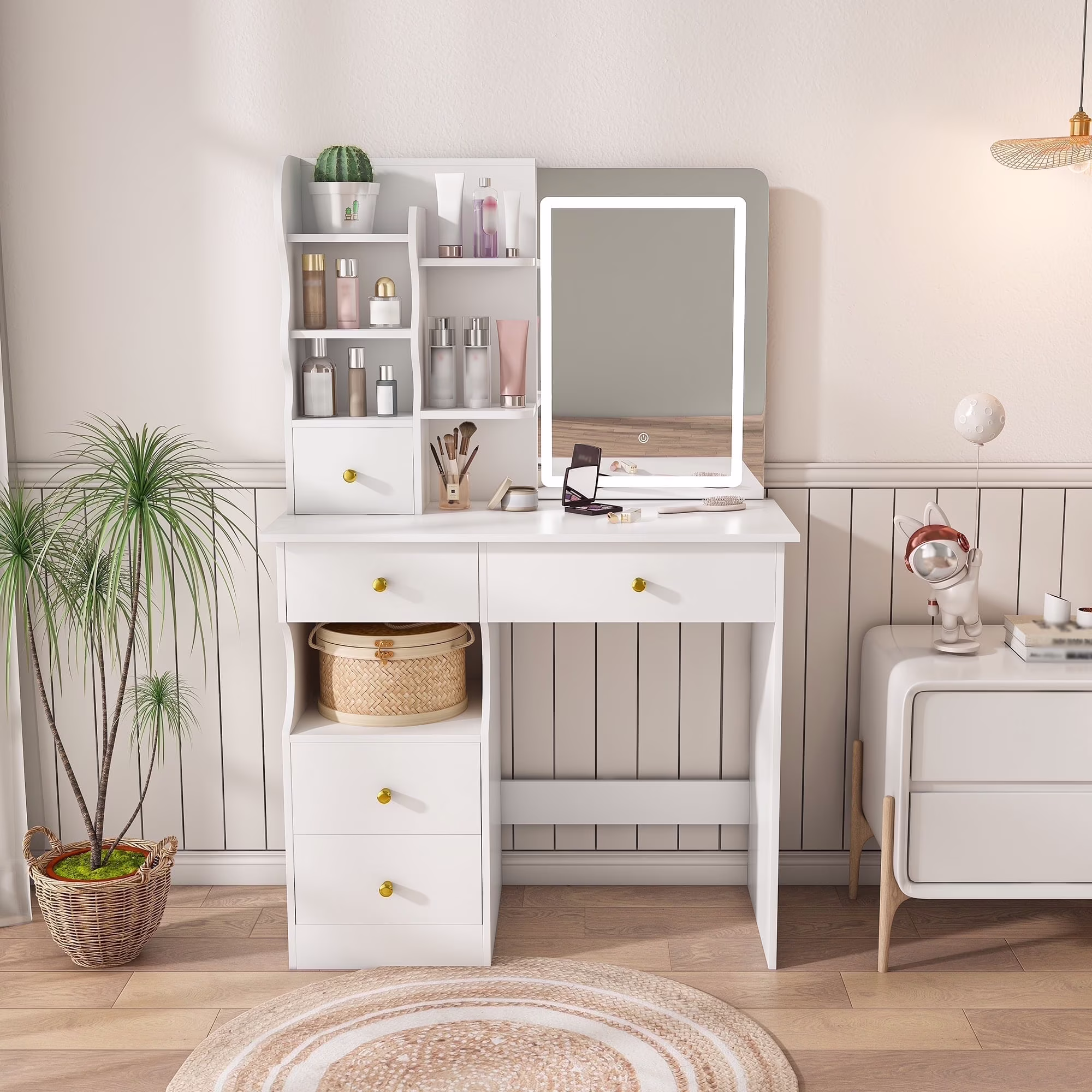 Modern Mini Vanity w/Adjustable LED Mirror + Hidden Storage, Padded Stool Dustproof Shelves (White)(White-S7) - Image 5
