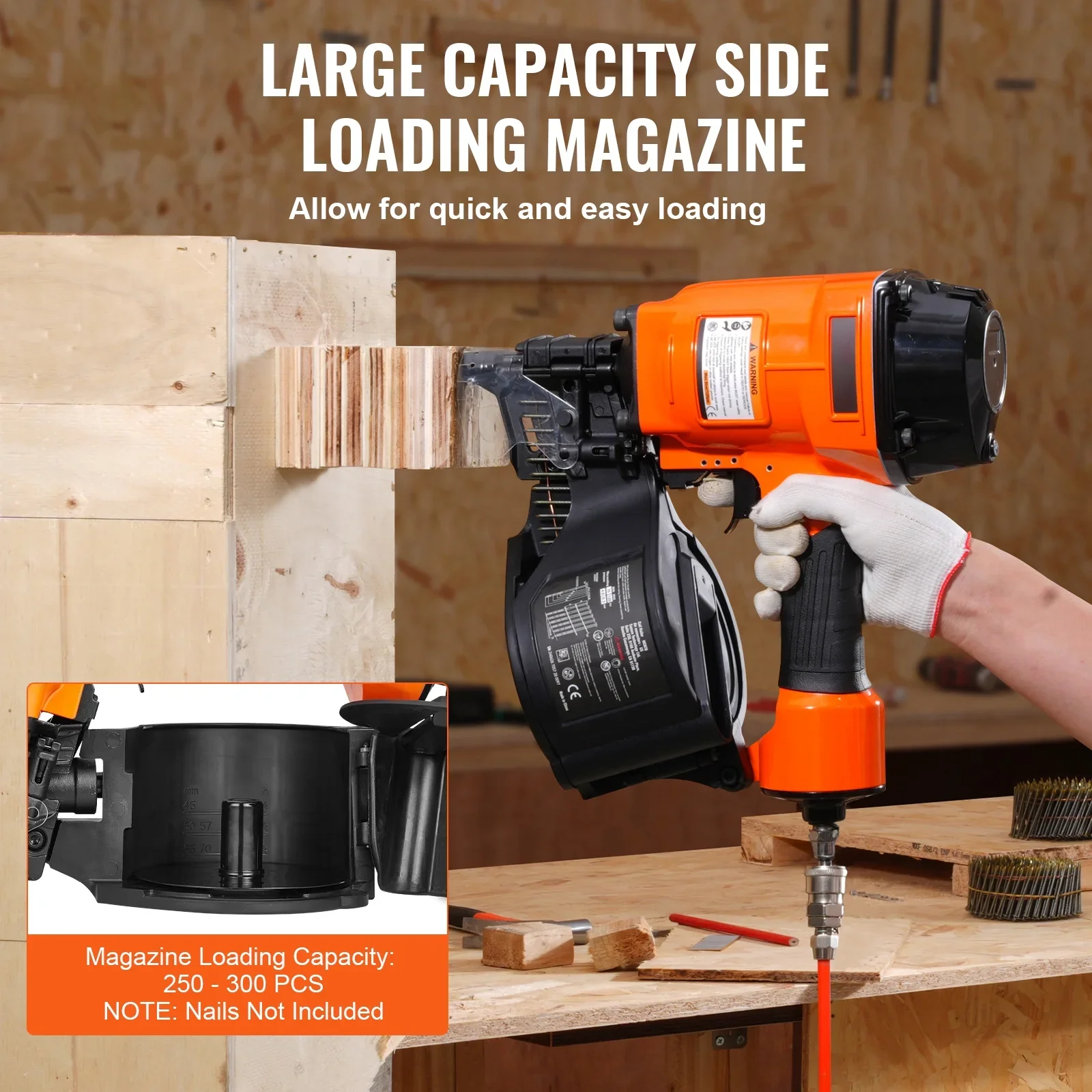KFFKFF Pneumatic Coil Siding Nailer MCN70, Compatible with 1-3/4 to 2-3/4 Nails, 15 Degree Angle, 70-120PSI, Ideal for Pallets, Crates, Frames, Siding & Fences