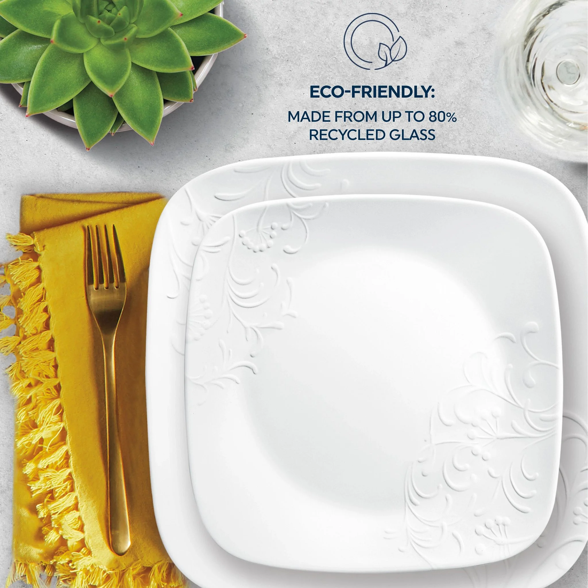 Cherish 16 Piece Embossed Square Glass Dinnerware Set (Service for 4) Image 4