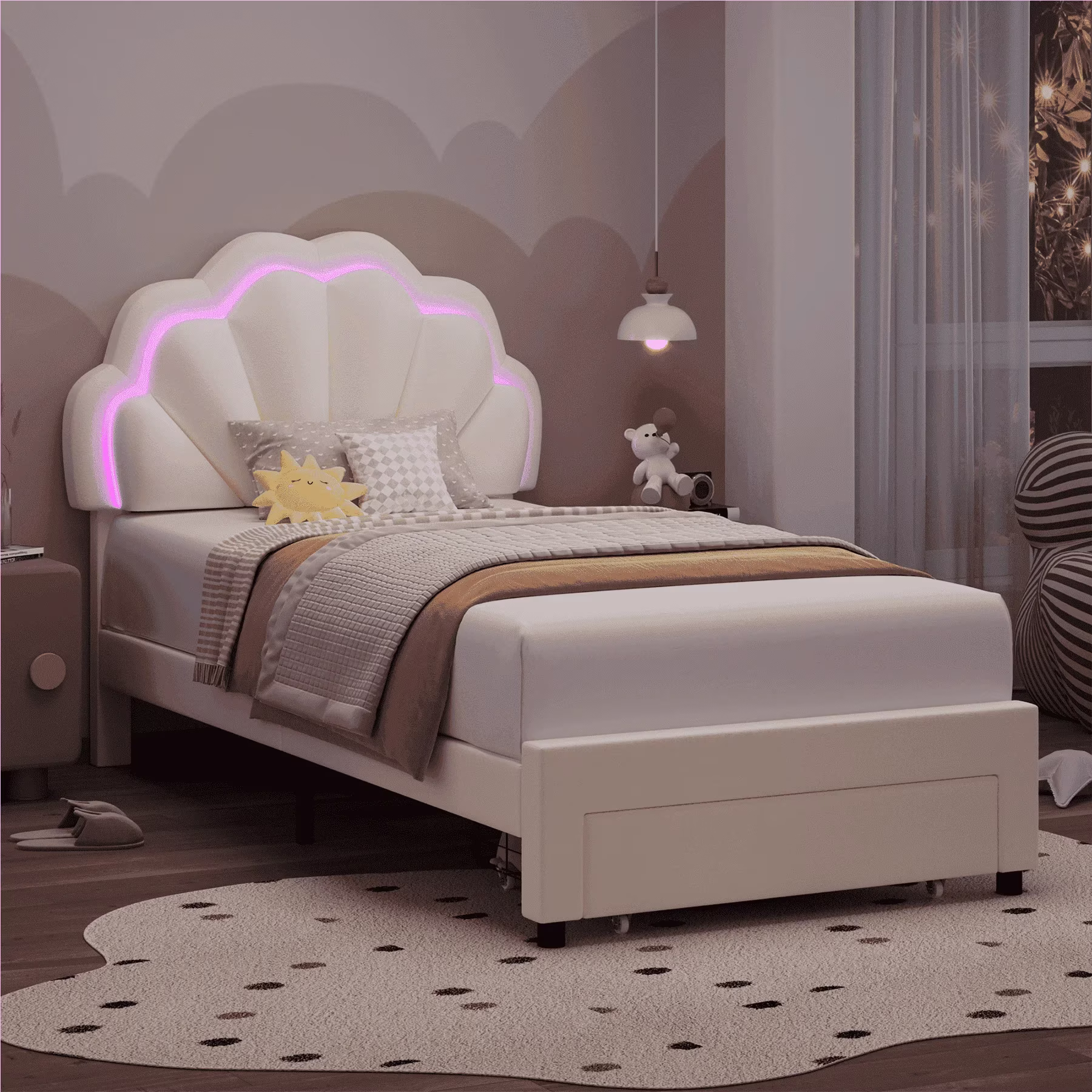 Homfa Twin Bed Frame with Storage & LED Light, Velvet Upholstered Platform Twin Bed with Adjustable Petal Headboard, Beige