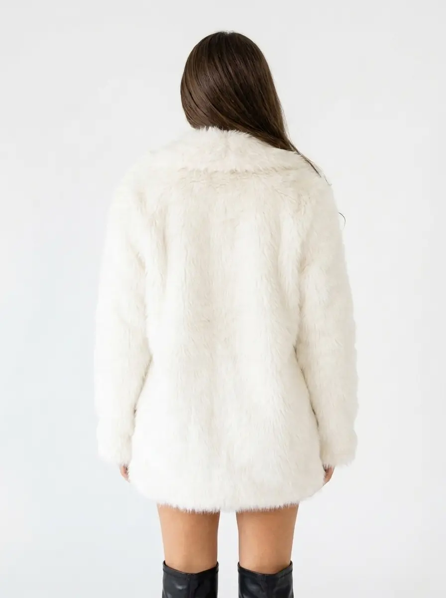 Back view of a women's white faux fur coat