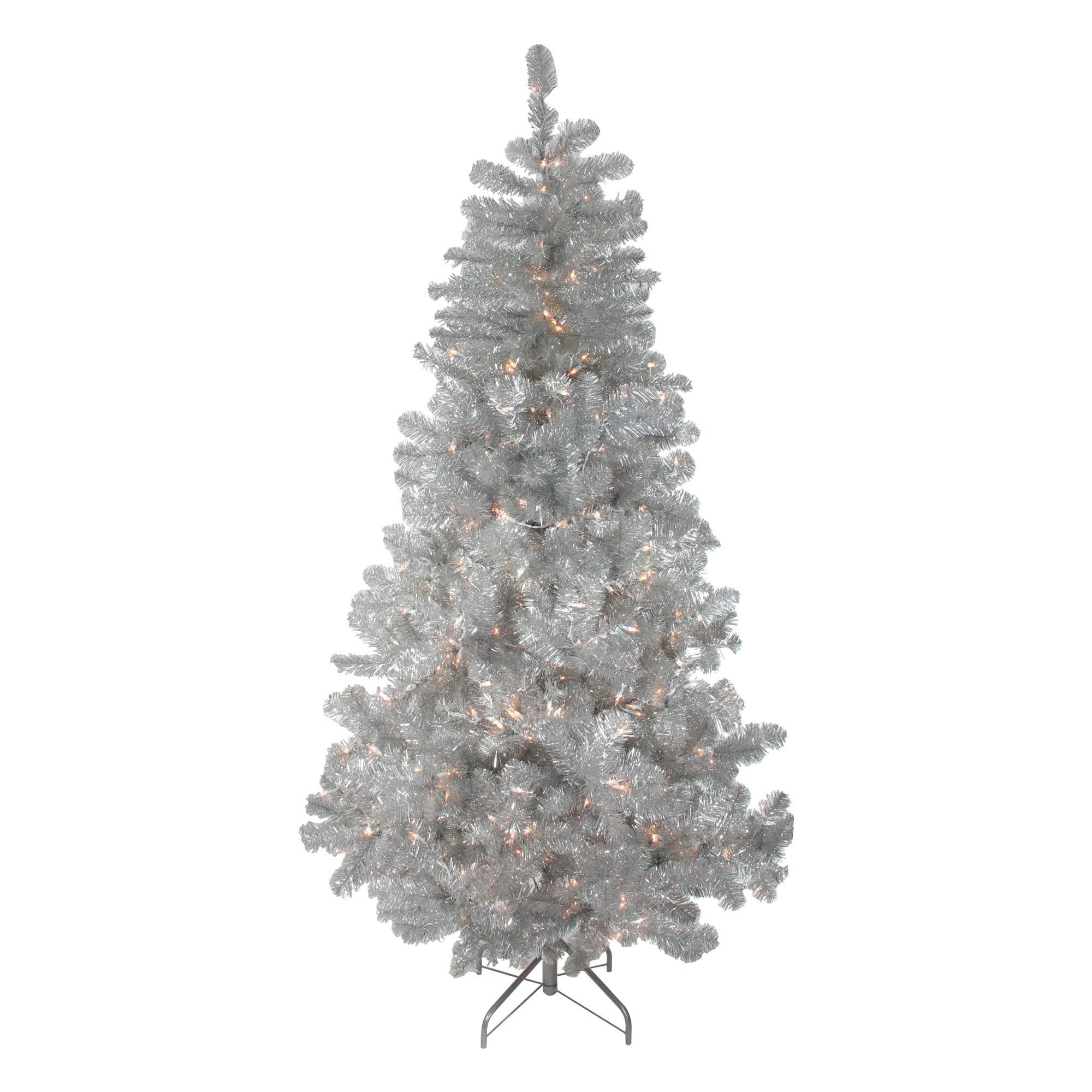 Northlight 6.5' Pre-Lit Silver Metallic Artificial Tinsel Christmas Tree - Clear Lights