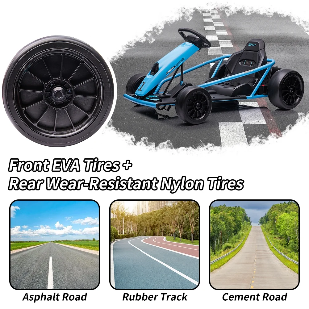Go Kart for Kids 24V Battery 300WX2 Motors Pedal On Foot Go Cart 8MPH High Speed Drifting Car with Slow Start Function Music Elastic Durable Tires, Blue(Blue) - Image 4
