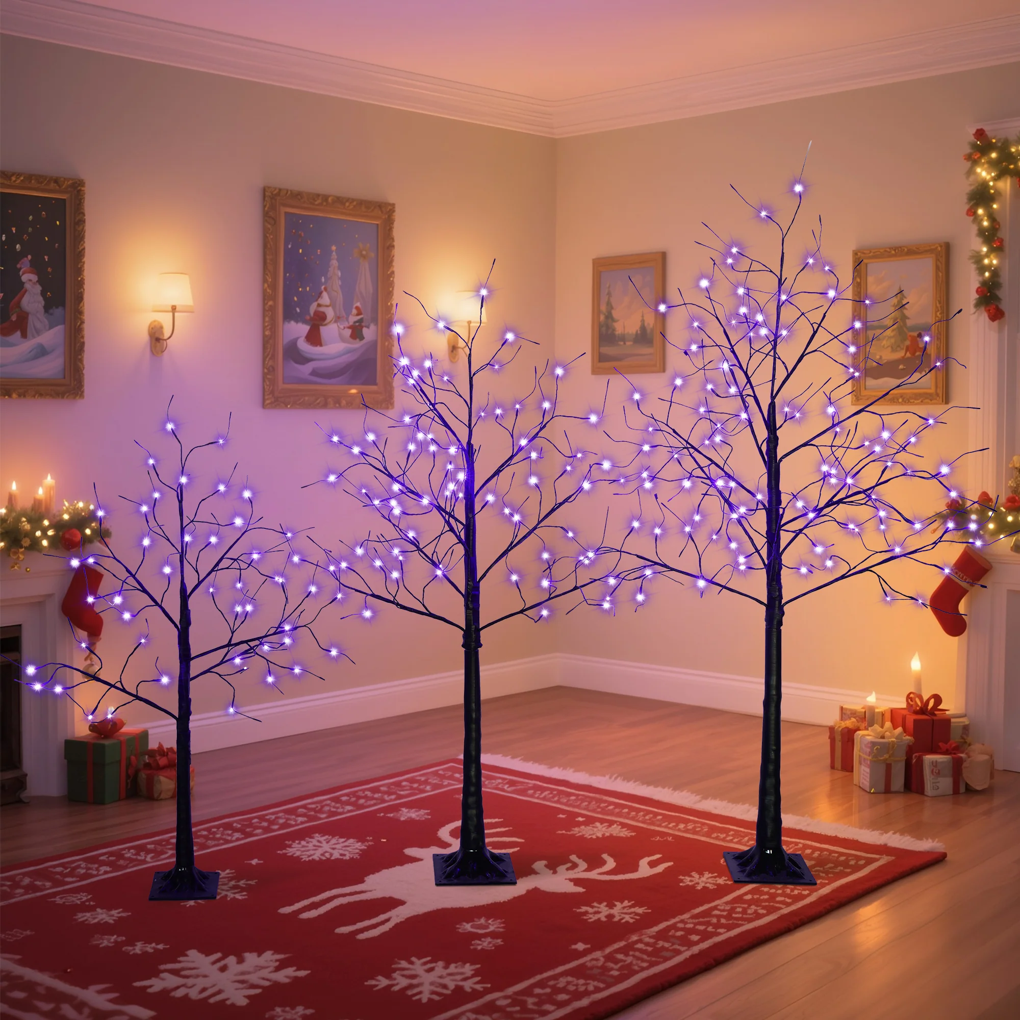 AECOJOY 3 Pac Christmas Tree with Purple Lights, 4FT 5FT and 6FT, Lighted Black Tree for Halloween Decoration