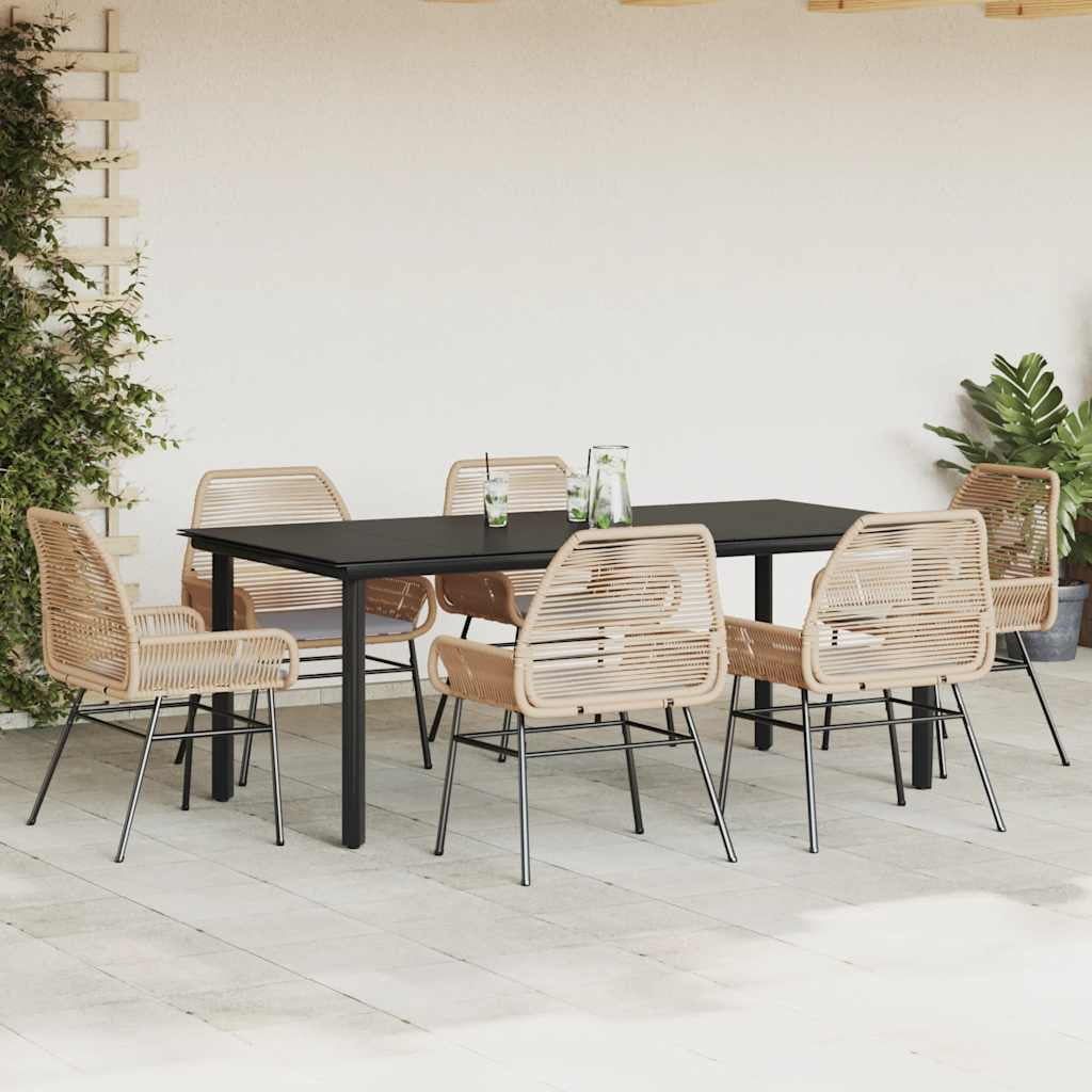 Vidaxl 7 Piece Patio Dining Set with Cushions Black Poly Rattan Glass