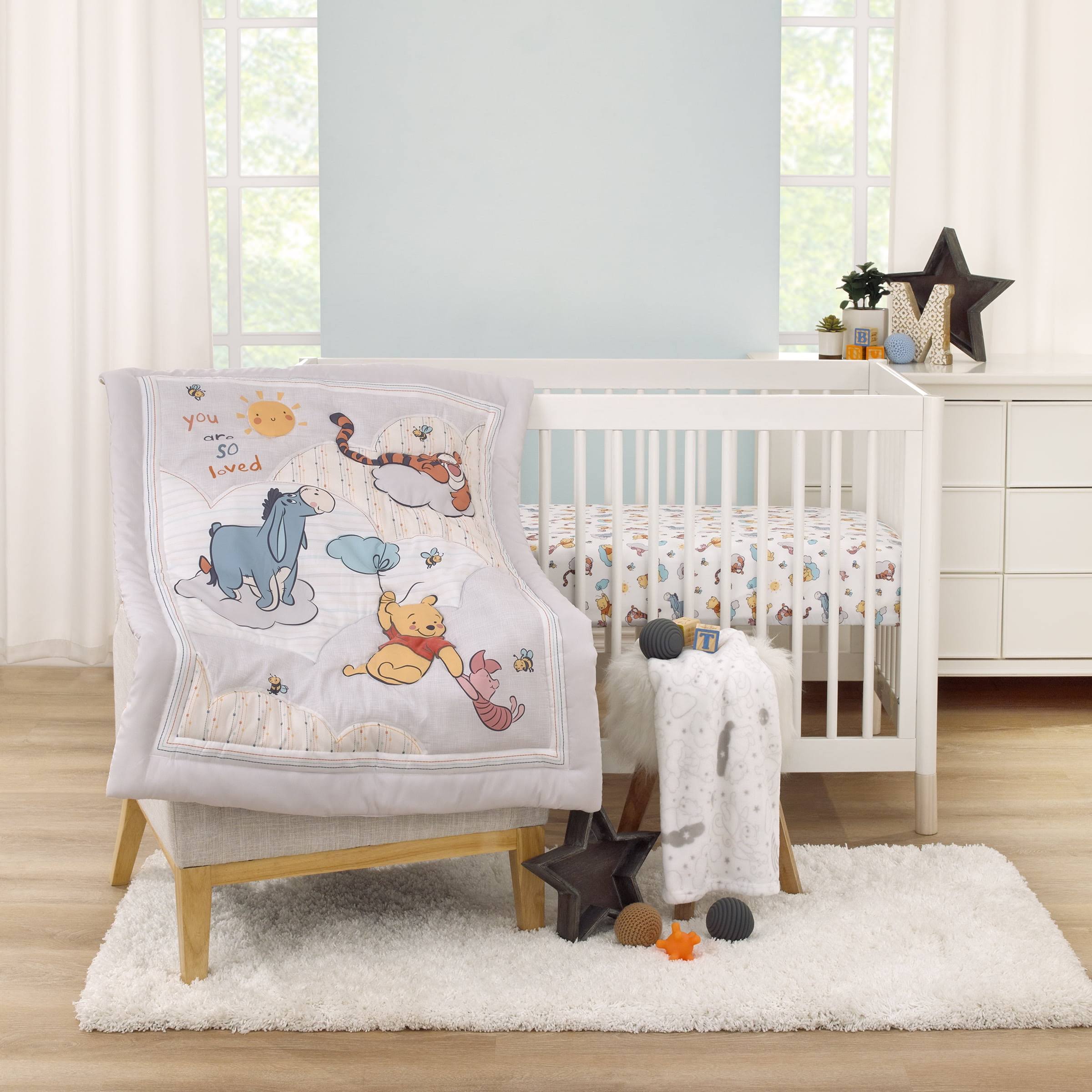 Disney Winnie The Pooh So Loved Crib Bedding Set, 3-Pieces, Gray, Blue, White, Unisex, Pooh, Tigger, Infant