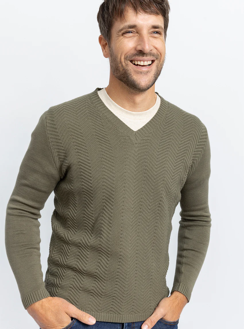 Pull homme col V chevrons en coton Vert Kaki