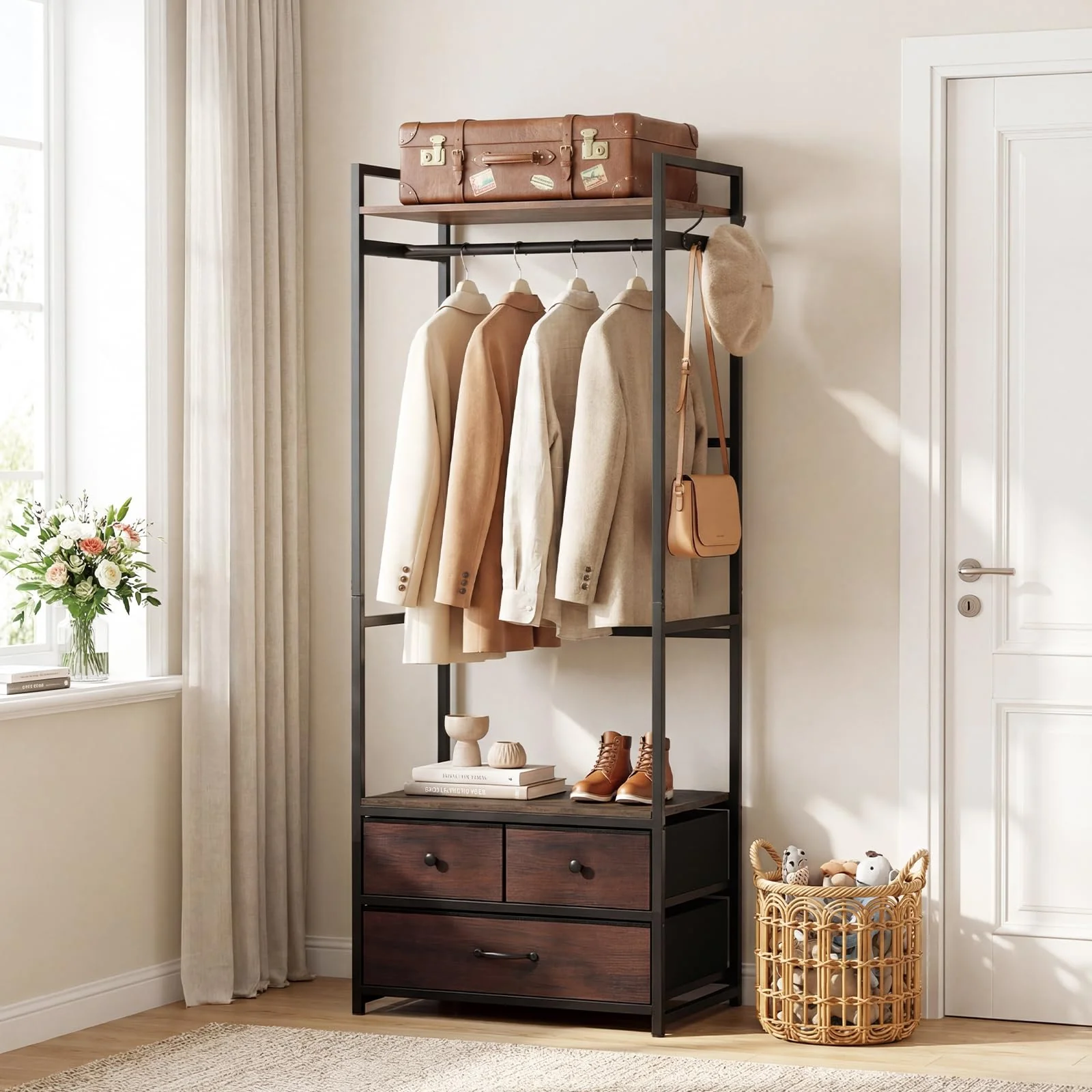 Tangkula Freestanding Small Clothes Rack | Heavy Duty Coat Rack with Drawers