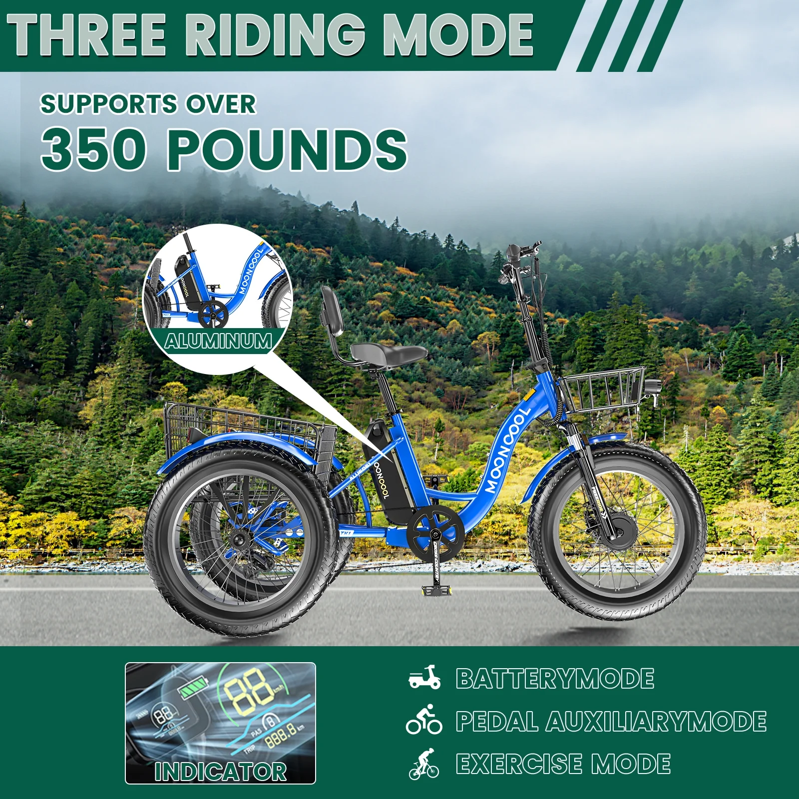 20" x 4" Fat Tire Electric Tricycle for Adult, 7 Speeds Electric Trike 48V 500W Motorized Tricycle, Electric Three Wheels Bicycle for Senior, Aluminum Frame Rear Basket,16mph(Blue) Image 10