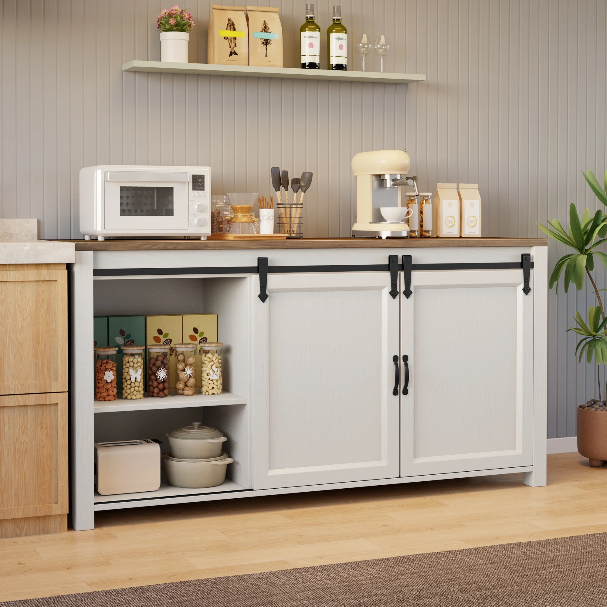 Coffee Bar Cabinet, 60" Buffet Cabinet with Storage, 2 Sliding Barn Doors 4 Drawers for Kitchen, White + Rustic Brown(Single) - Image 8