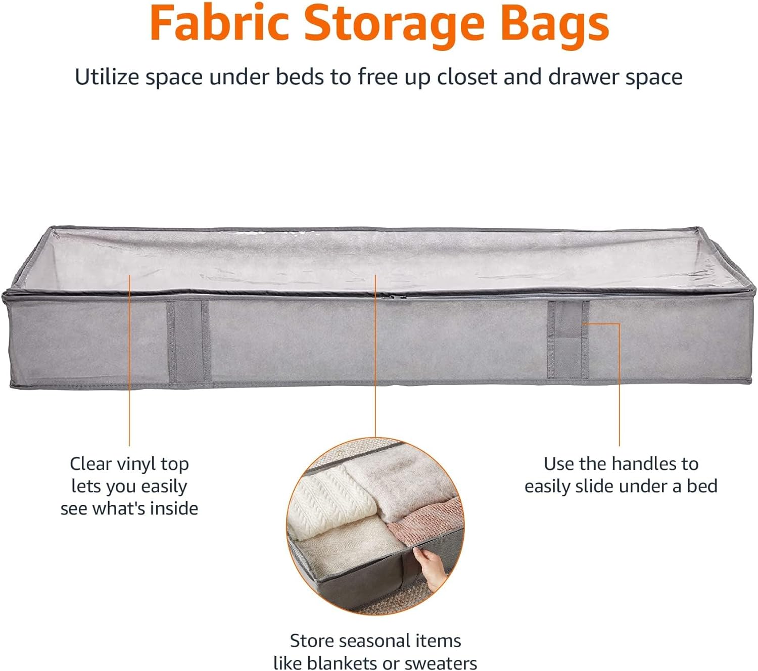 Amazon Basics Under Bed Storage Bags for Clothes and Blankets, Foldable Fabric Zipper Container with Clear Window and Reinforced Handles, Space Saving, 18 x 42 x 6 inches, Gray, 2-Pack