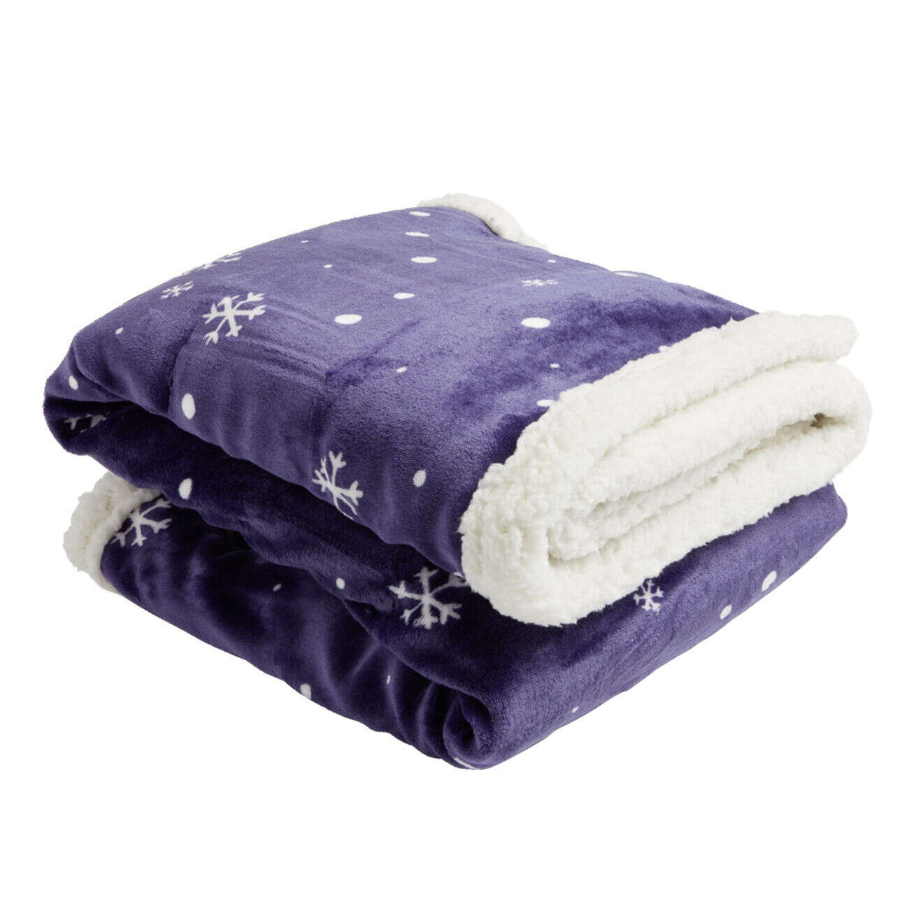 Plaid sherpa Noël flanelle motif flocon bleu et blanc 120x150cm