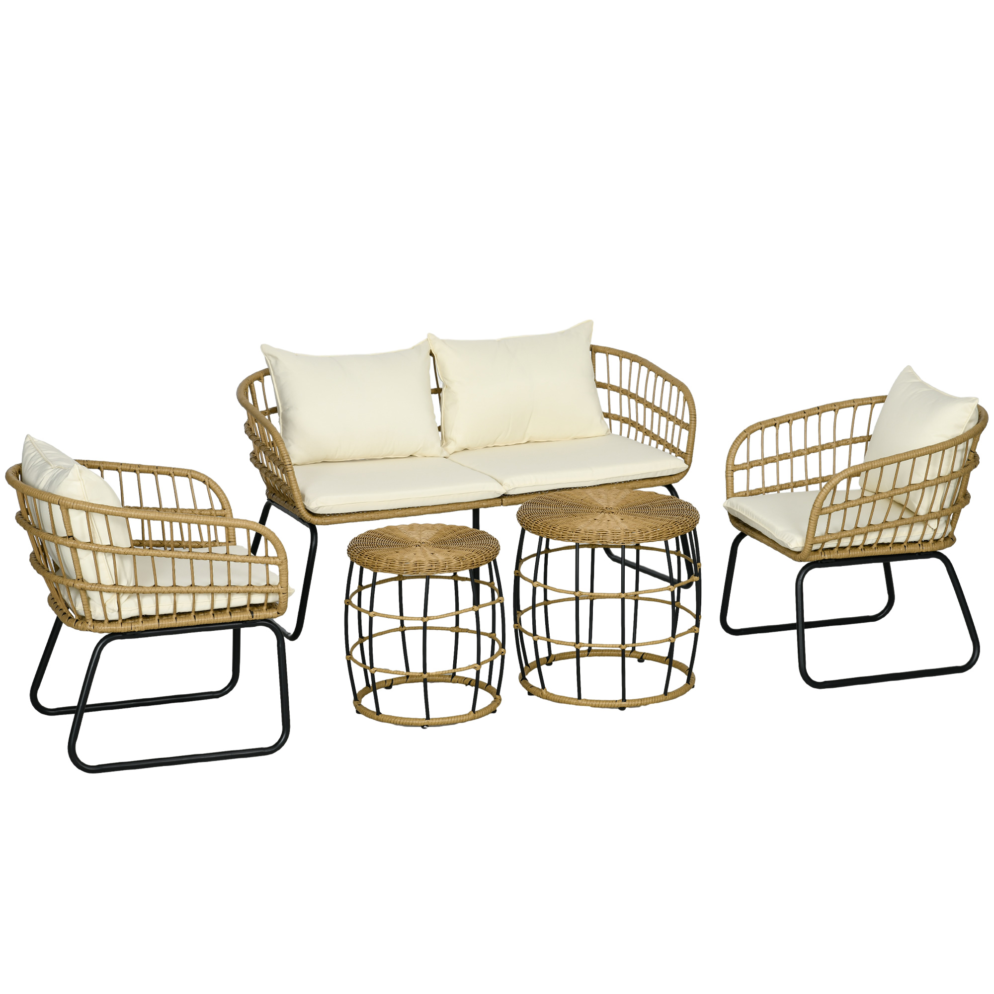Outsunny Lounge-Set Rattan Zitgroep, Buitenmeubelset in Boho-stijl, 5-delig, 145 x 70 x 78 cm, Crème + Natuur + Zwart