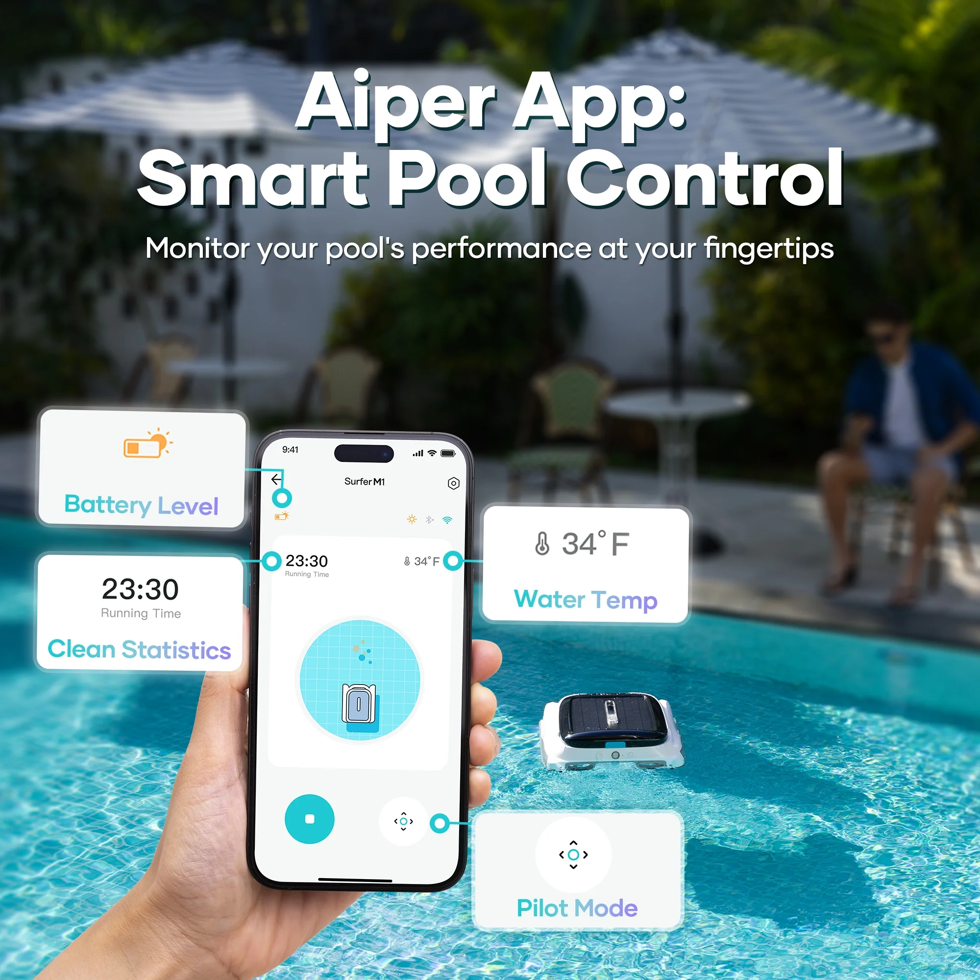 Aiper Surfer M1 Automatic Pool Skimmer Robotic Surface Cleaner with App Control & Solar Powered