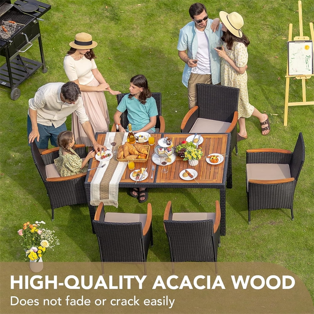 7 Pieces Outdoor Patio Dining Set, Patio Wicker Furniture Dining Set with 6 Chairs and Acacia Wood Top for Yard, Garden, Porch and Poolside, Black - Image 7