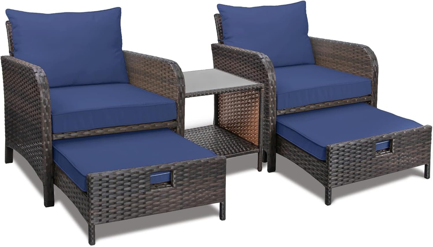 Ensemble de conversation 5 pièces pour balcon et terrasse LEVELEVE, comprenant des chaises longues d'extérieur en rotin tressé avec coussins moelleux, 2 poufs et une table en verre, coloris brun gazon.