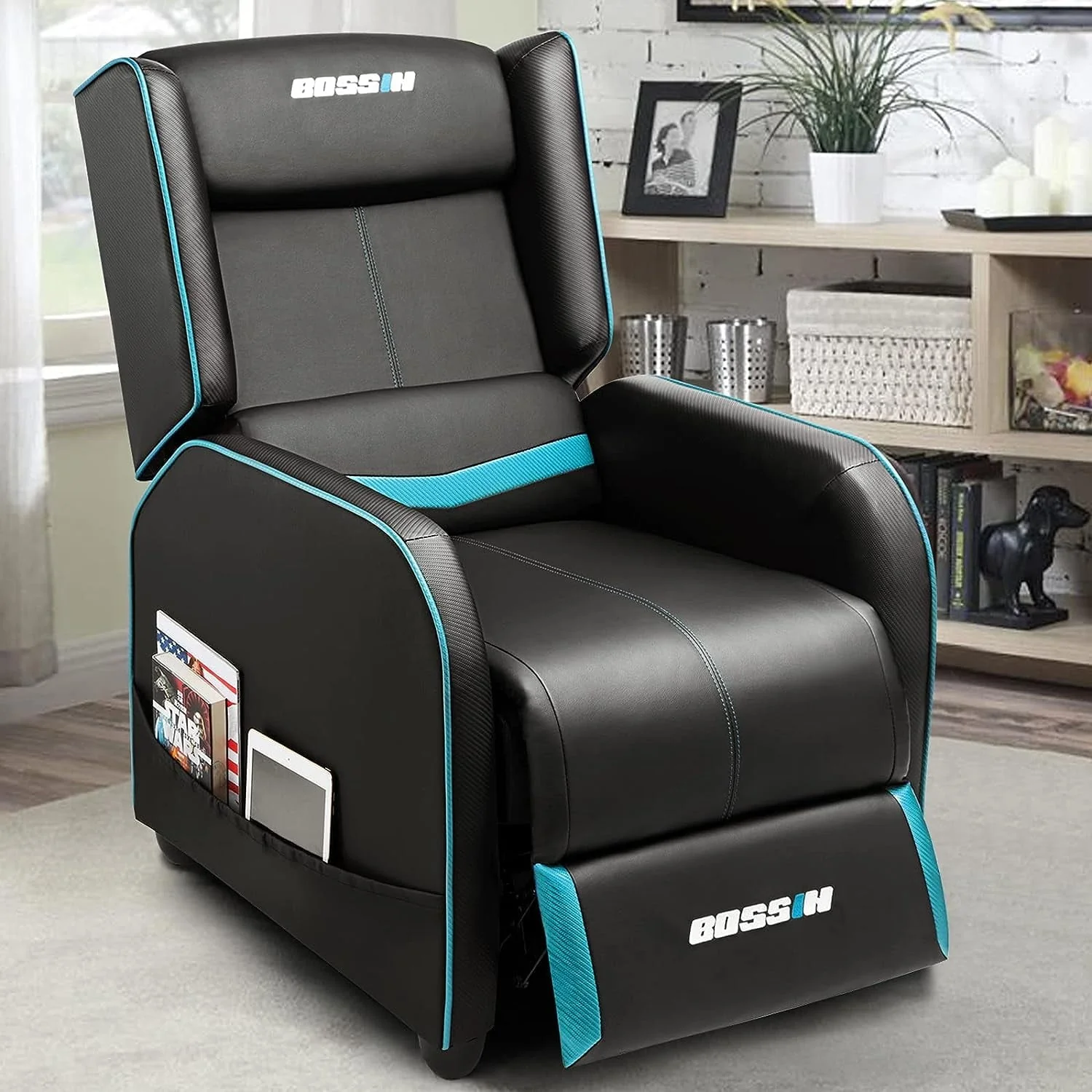 PUKAMI Gaming Recliner Chair for Adults 400lbs Racing Style Sofa Big and Tall PU Leather Recliner Seating Modern Ergonomic Lounge Recliner Chair Comfortable Home Movie Theater for Living Room(Blue) Image 5