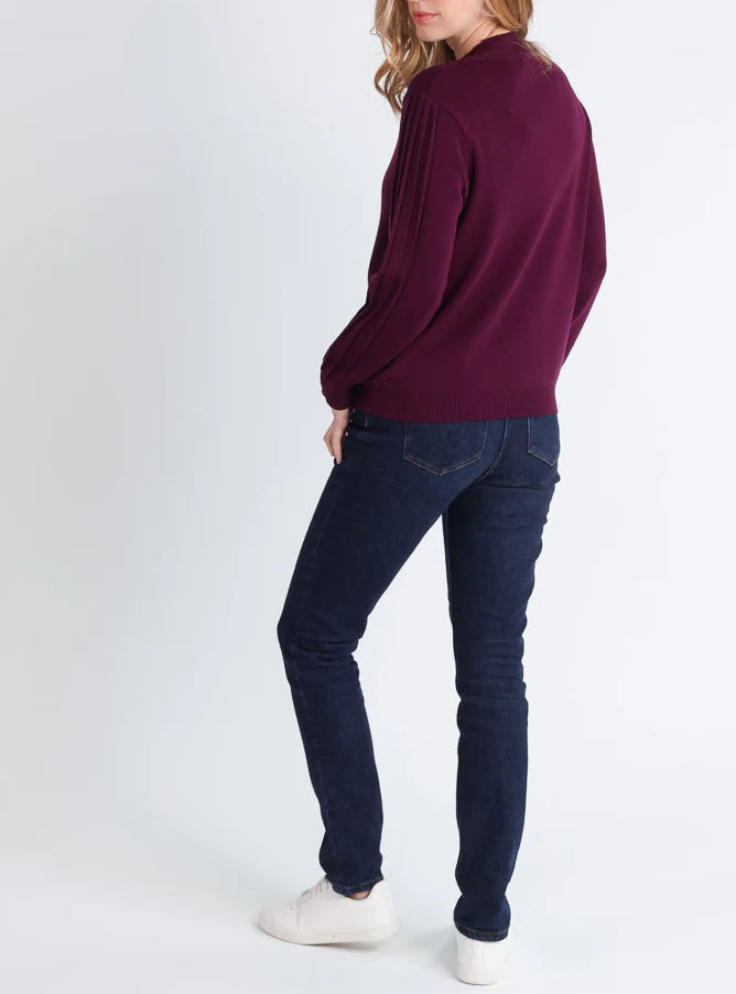 Pull femme en laine mérinos manches fantaisies Violet nuit
